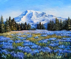 Impresionante paisaje panorámico de la montaña Rainier. Pintura al óleo original