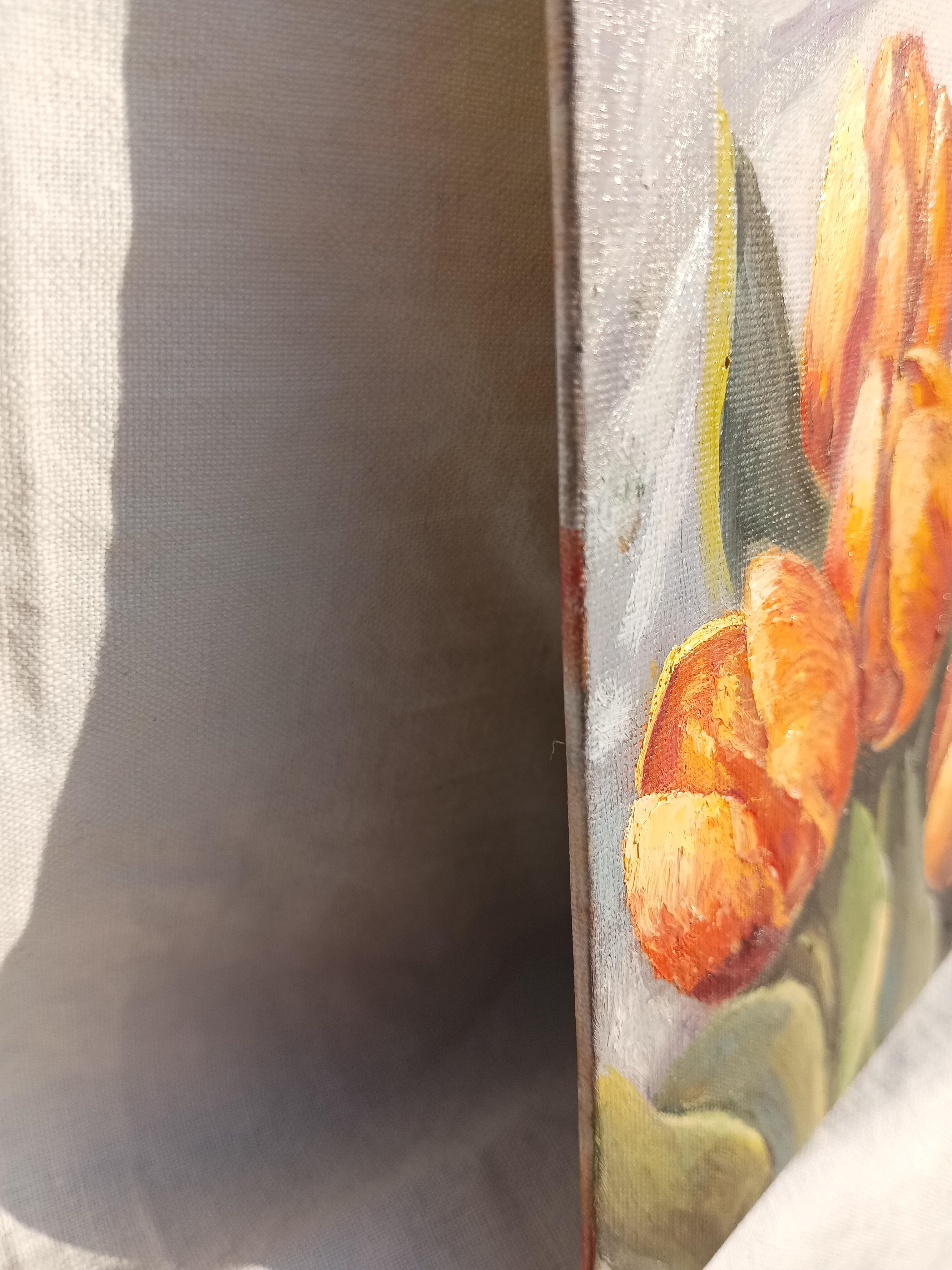 Risveglio del Tulipano di Primavera. Natura morta floreale. Pittura a olio 5