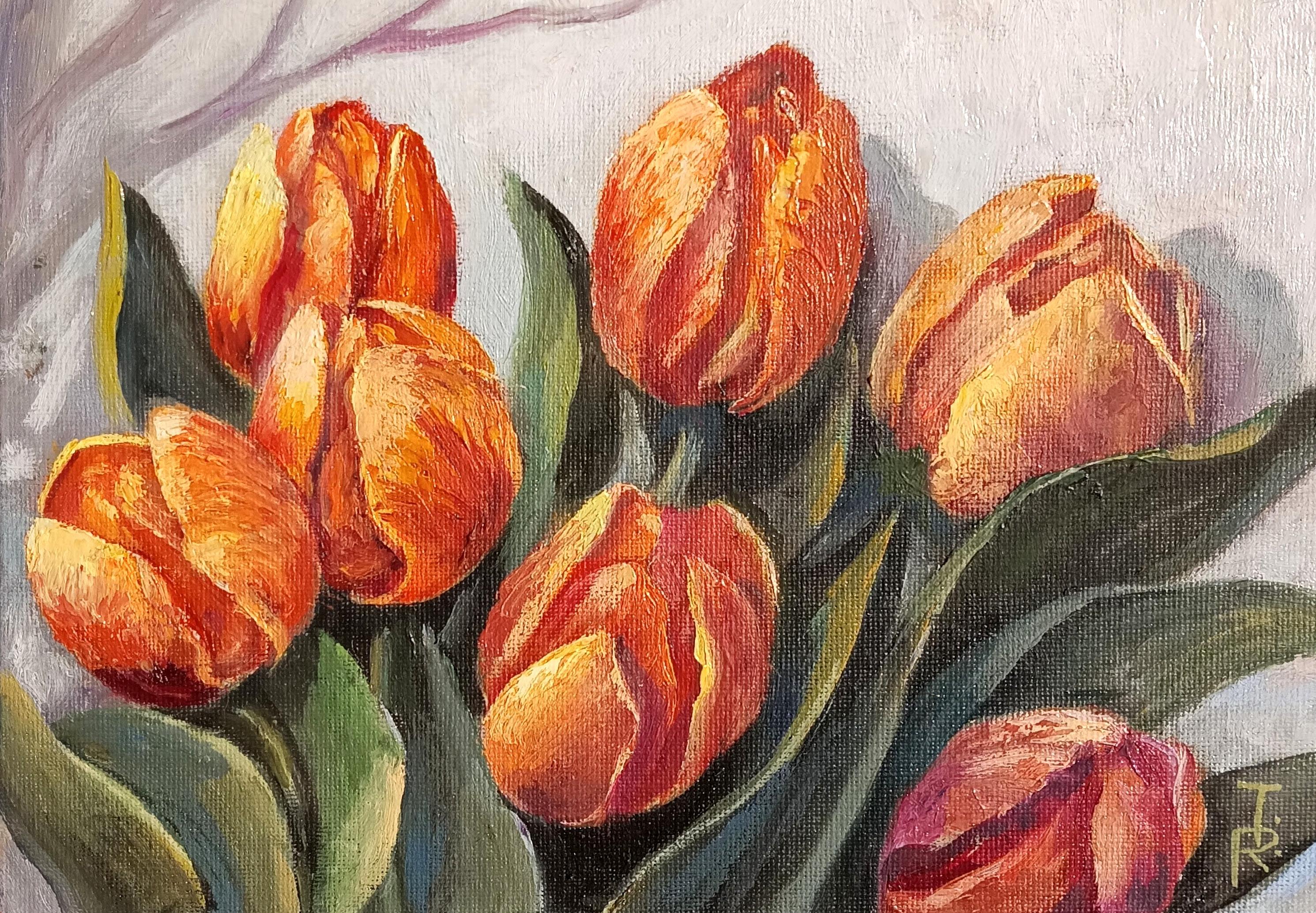 Risveglio del Tulipano di Primavera. Natura morta floreale. Pittura a olio - Painting Impressionismo di Tamara Rozinskay (Makhotina)