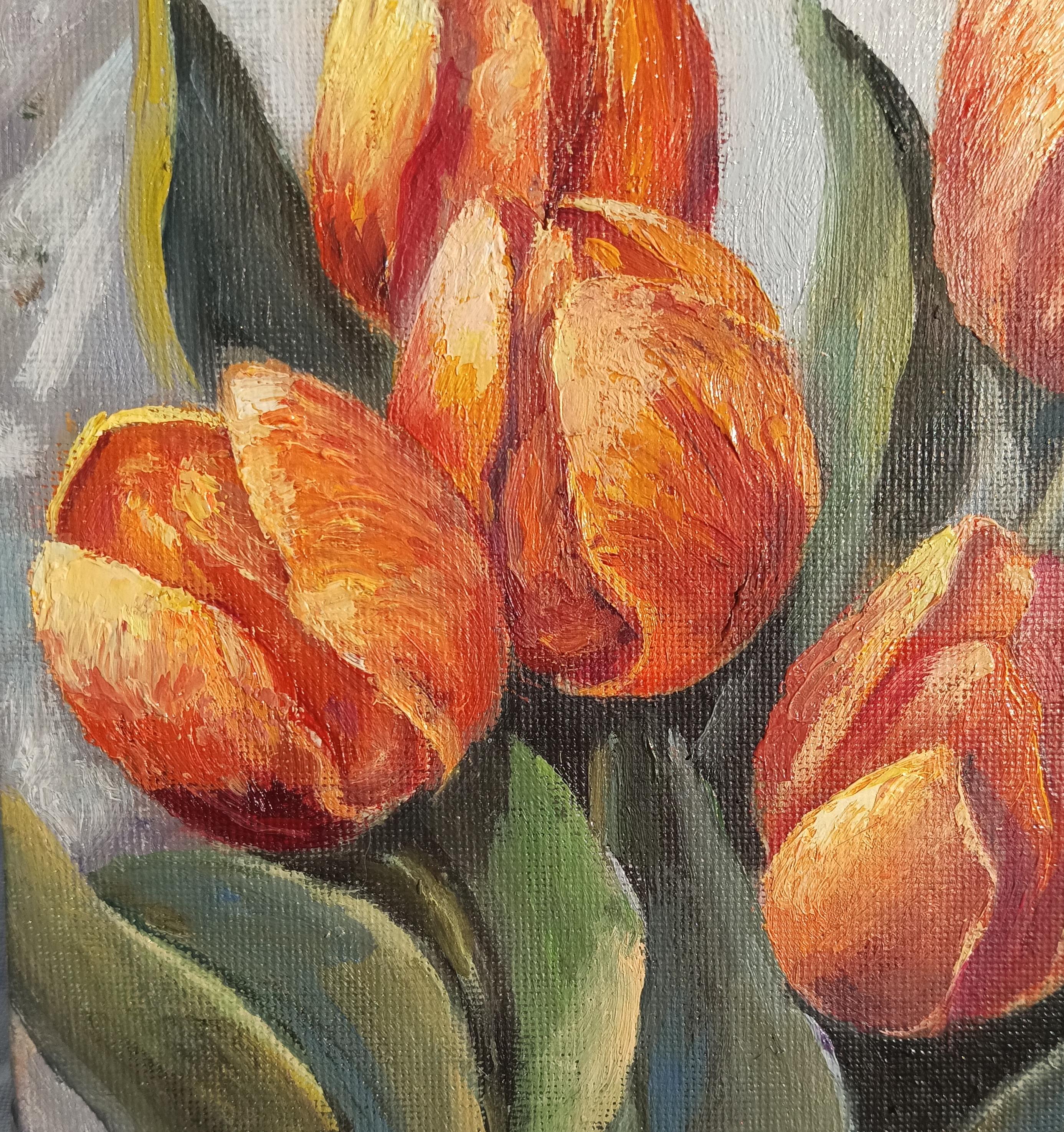Risveglio del Tulipano di Primavera. Natura morta floreale. Pittura a olio - Interior Painting Marrone di Tamara Rozinskay (Makhotina)
