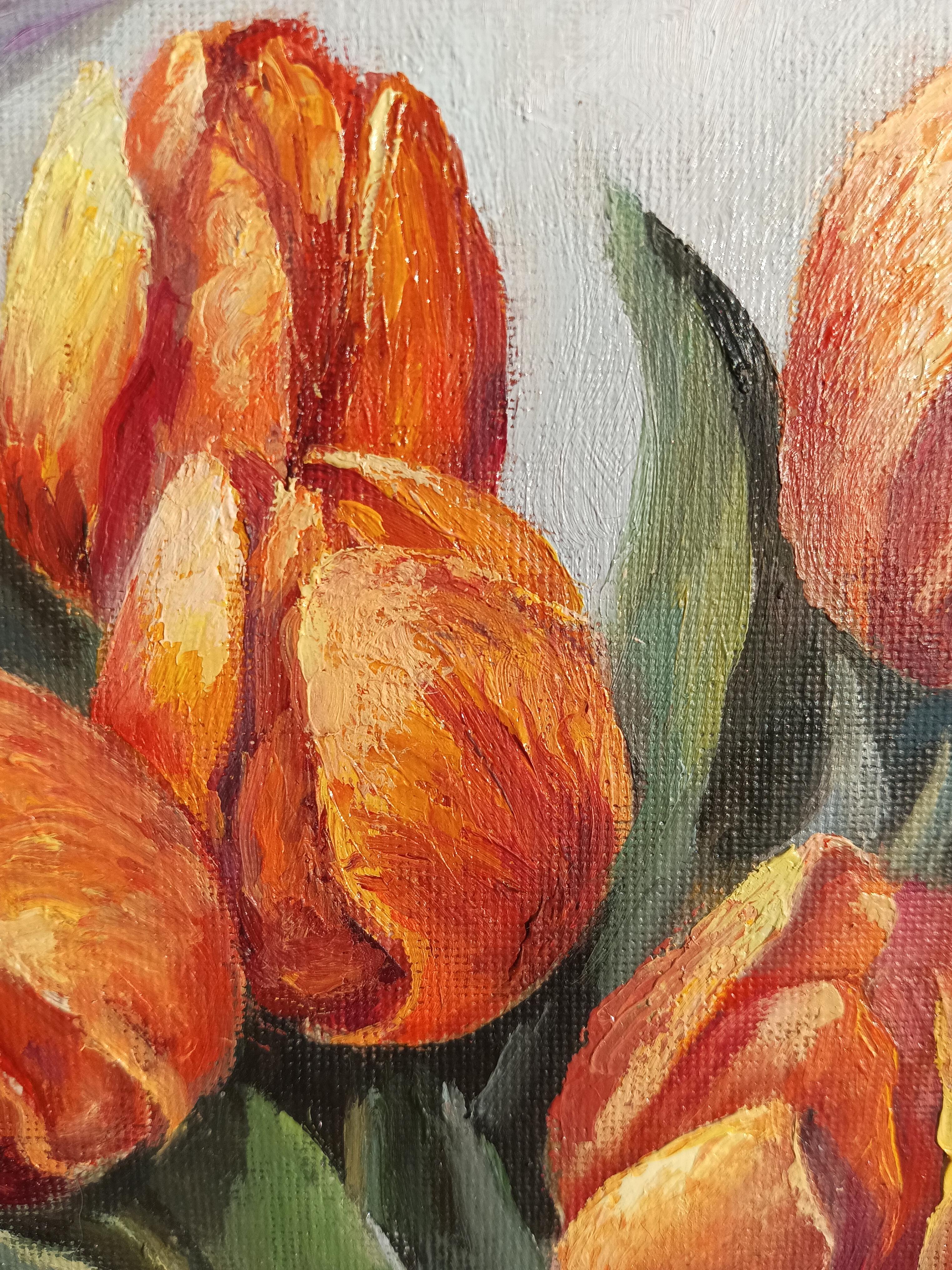 Risveglio del Tulipano di Primavera. Natura morta floreale. Pittura a olio 1