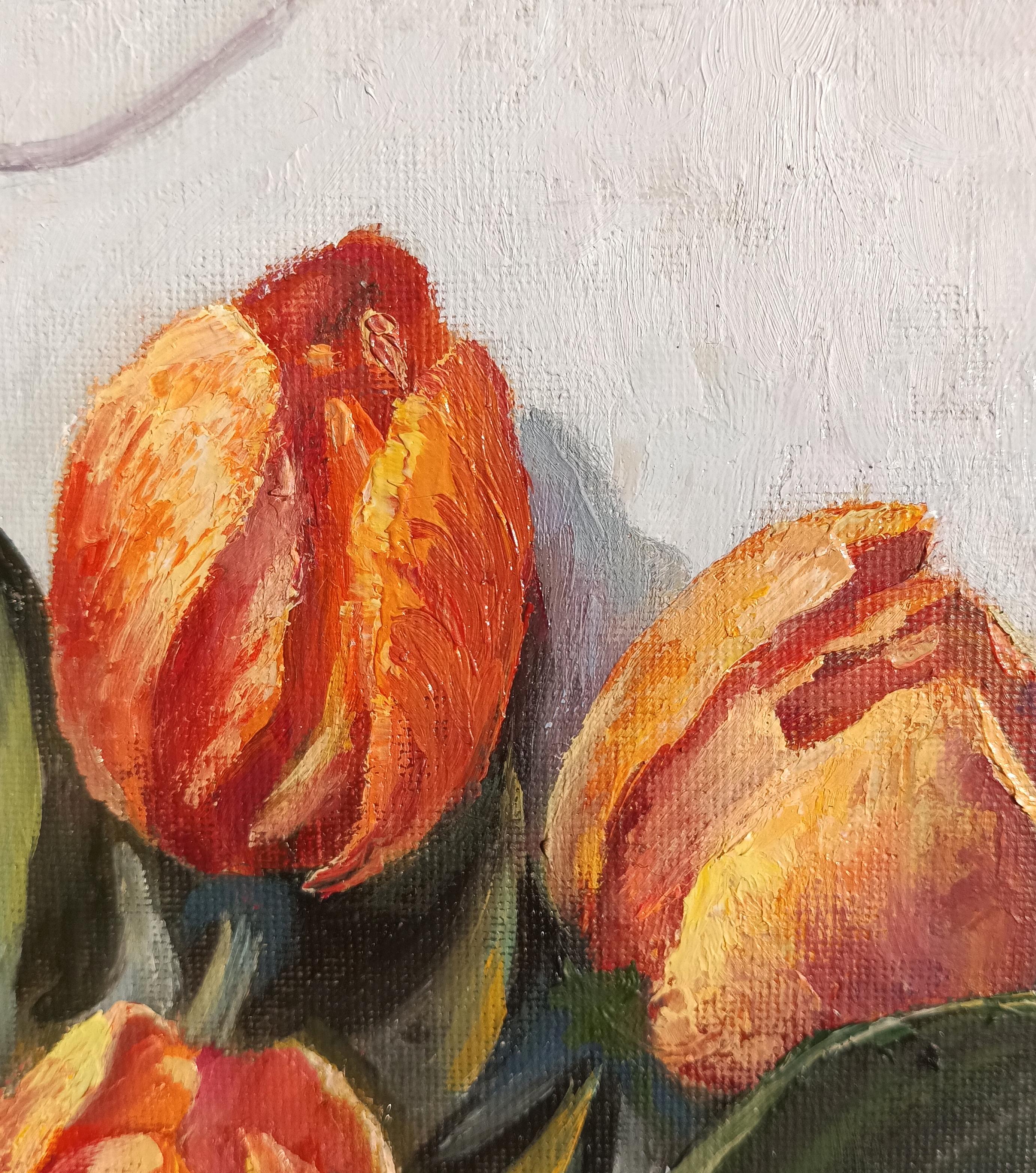 Risveglio del Tulipano di Primavera. Natura morta floreale. Pittura a olio 2