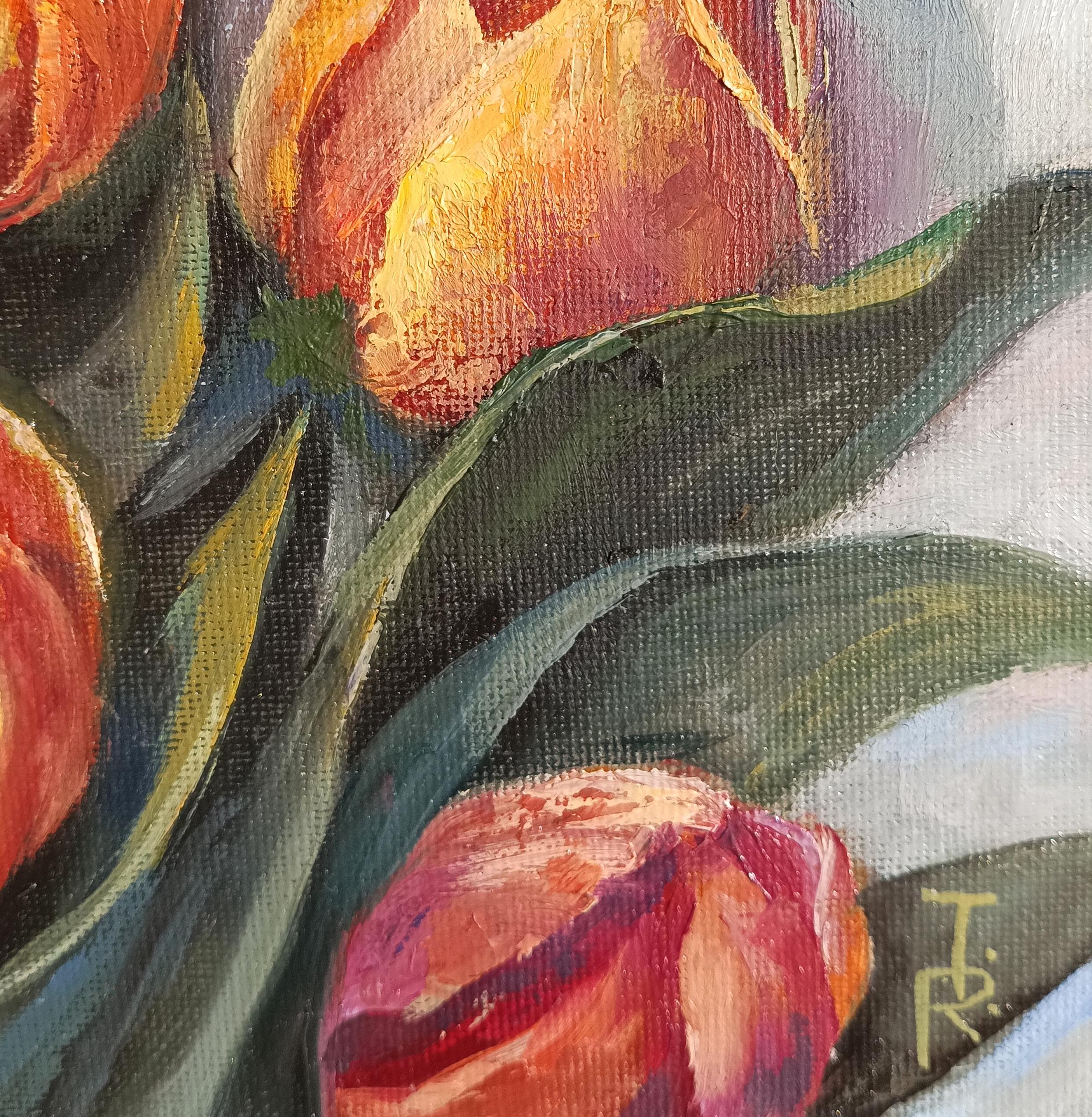 Risveglio del Tulipano di Primavera. Natura morta floreale. Pittura a olio 3