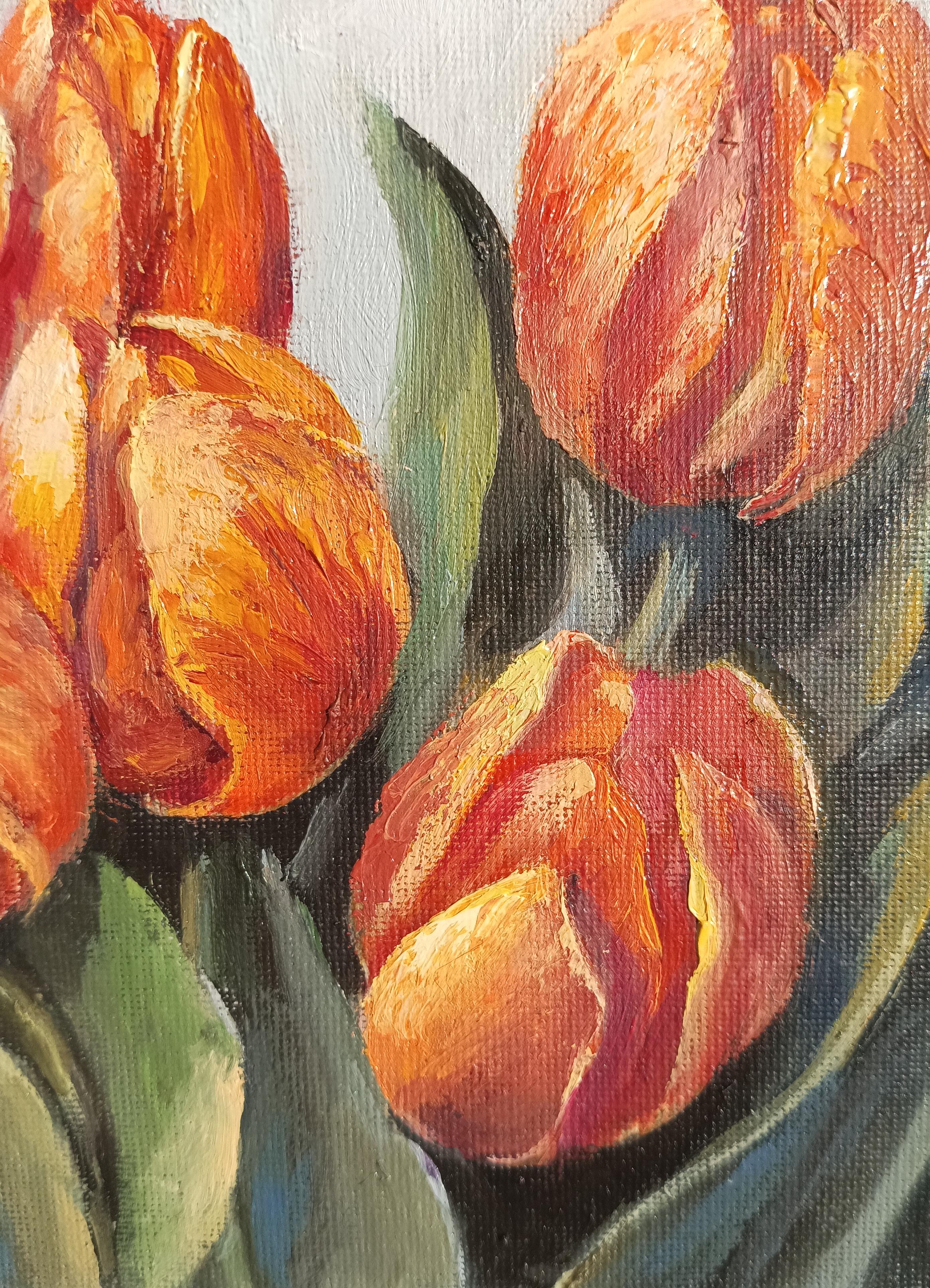 Risveglio del Tulipano di Primavera. Natura morta floreale. Pittura a olio 4