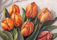 Risveglio del Tulipano di Primavera. Natura morta floreale. Pittura a olio