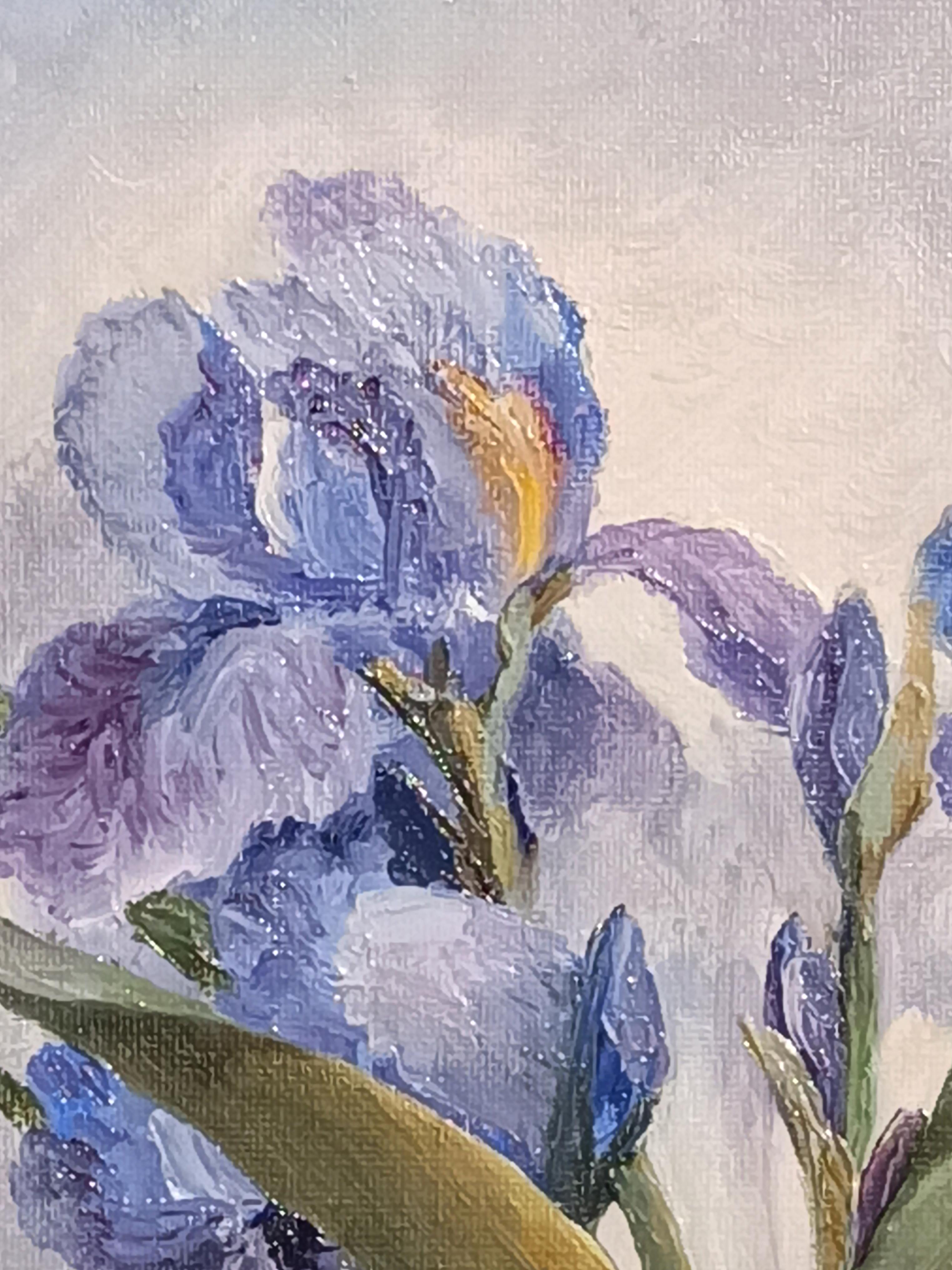 Celestial Irises - Gray Still-Life Painting by Tamara Rozinskay (Makhotina)