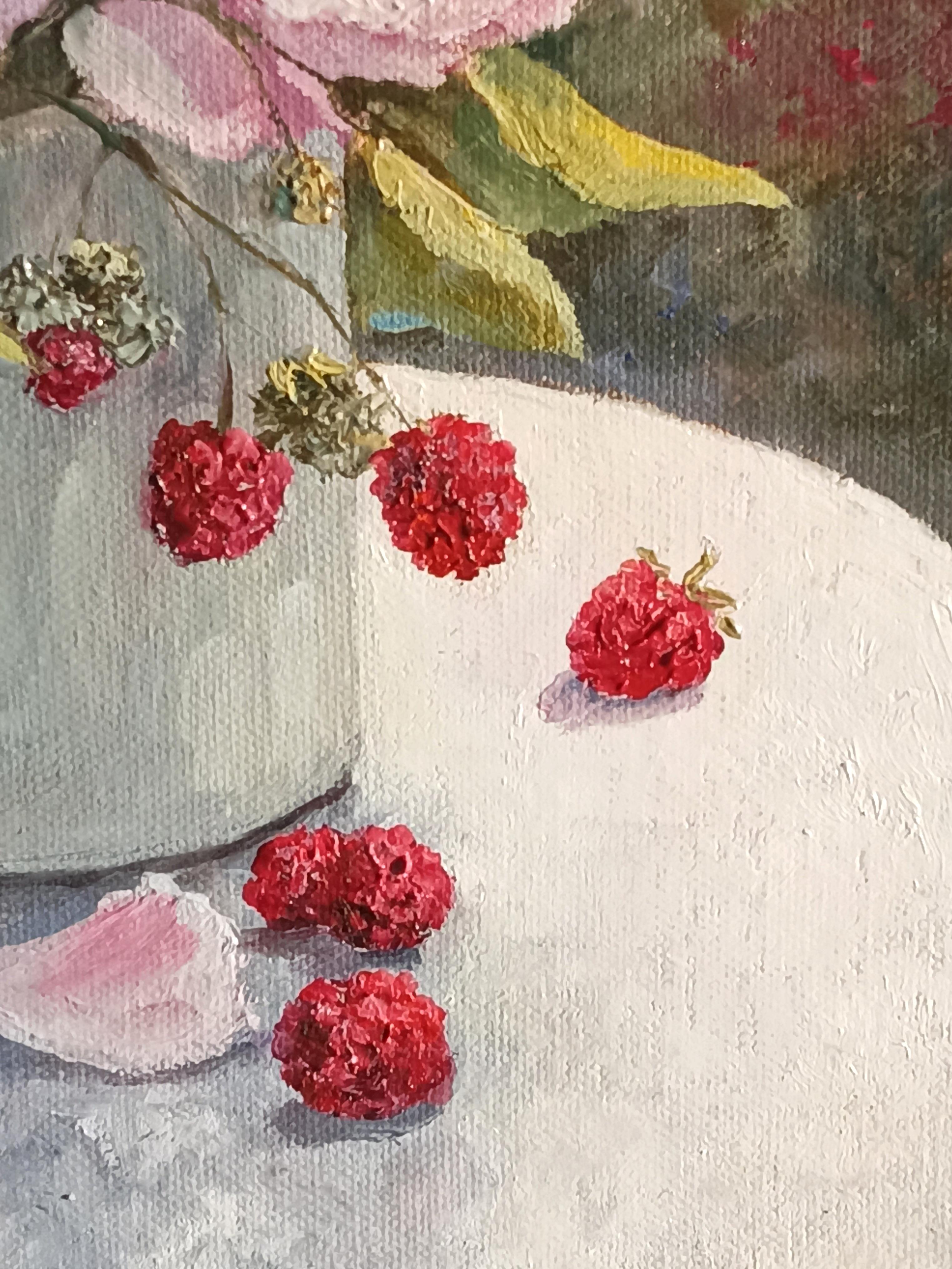Delicate petals. Still Life with Rose Flowers and Raspberry - Painting by Tamara Rozinskay (Makhotina)