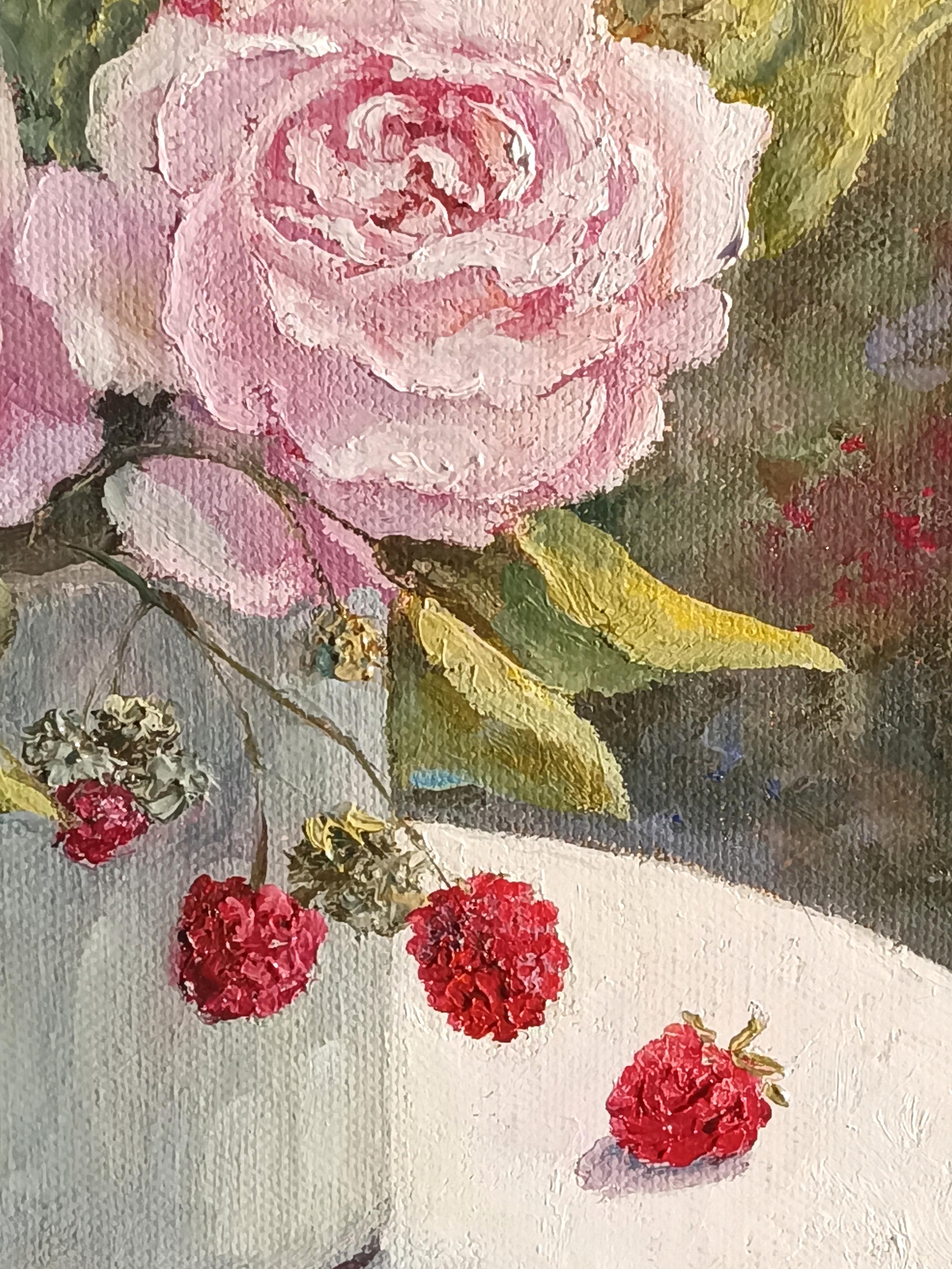 Delicate petals. Still Life with Rose Flowers and Raspberry - Impressionist Painting by Tamara Rozinskay (Makhotina)