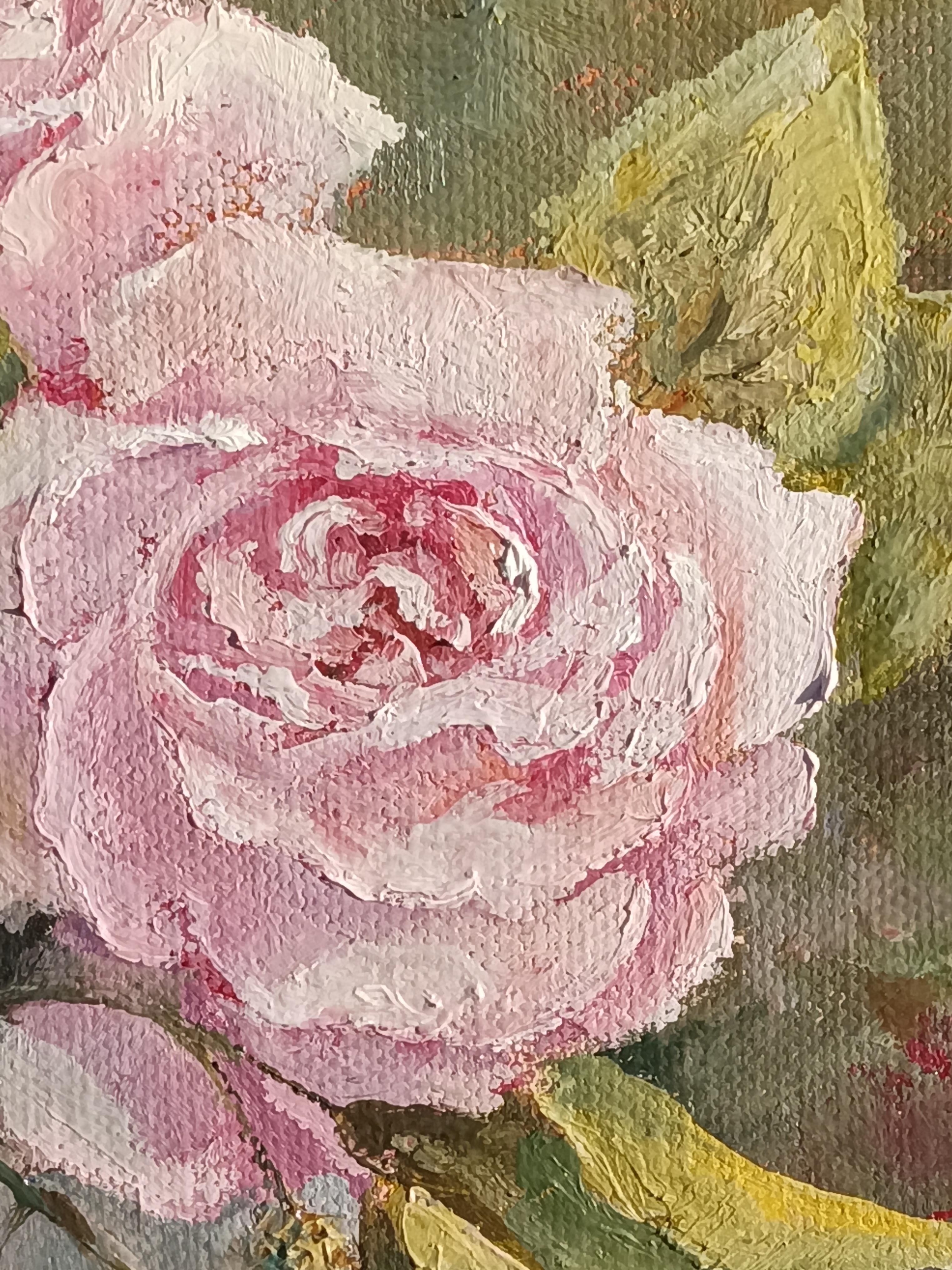 Delicate petals. Still Life with Rose Flowers and Raspberry - Gray Still-Life Painting by Tamara Rozinskay (Makhotina)