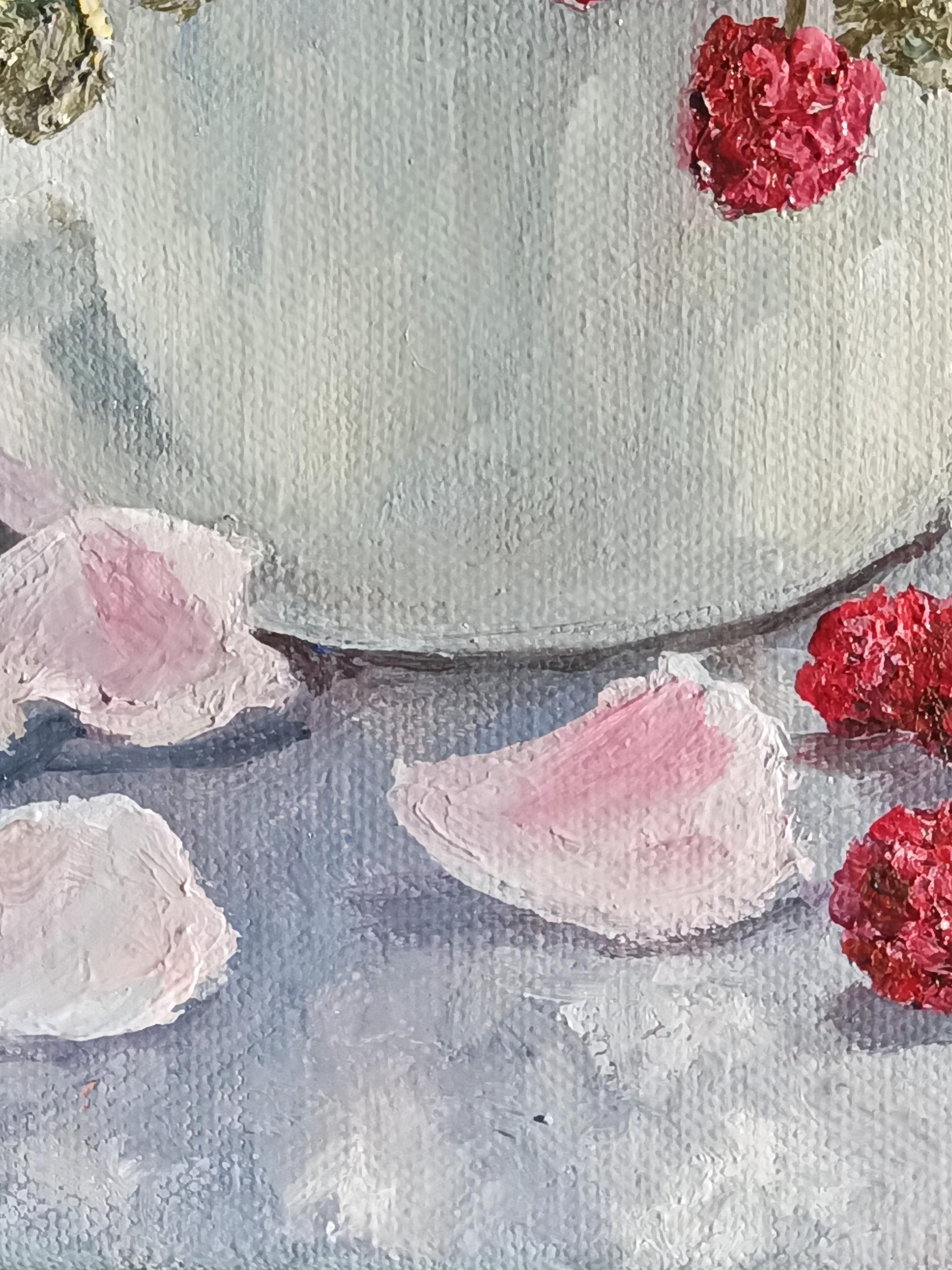 Delicate petals. Still Life with Rose Flowers and Raspberry For Sale 2