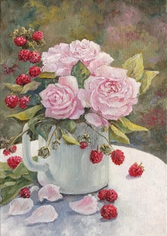 Delicate petals. Still Life with Rose Flowers and Raspberry