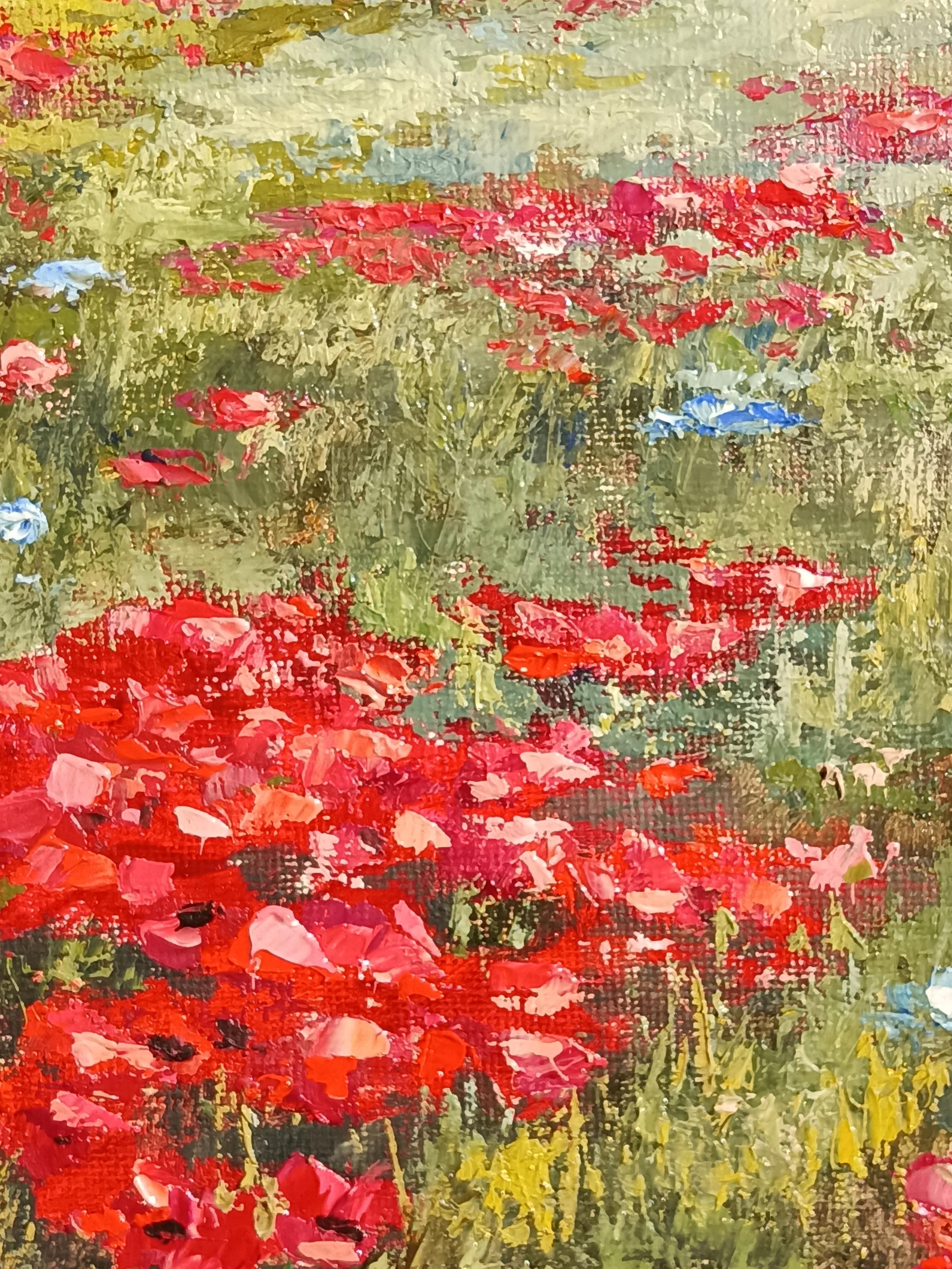 Disfruta del verano - Pintura al óleo Paisaje con campos de amapolas en venta 2