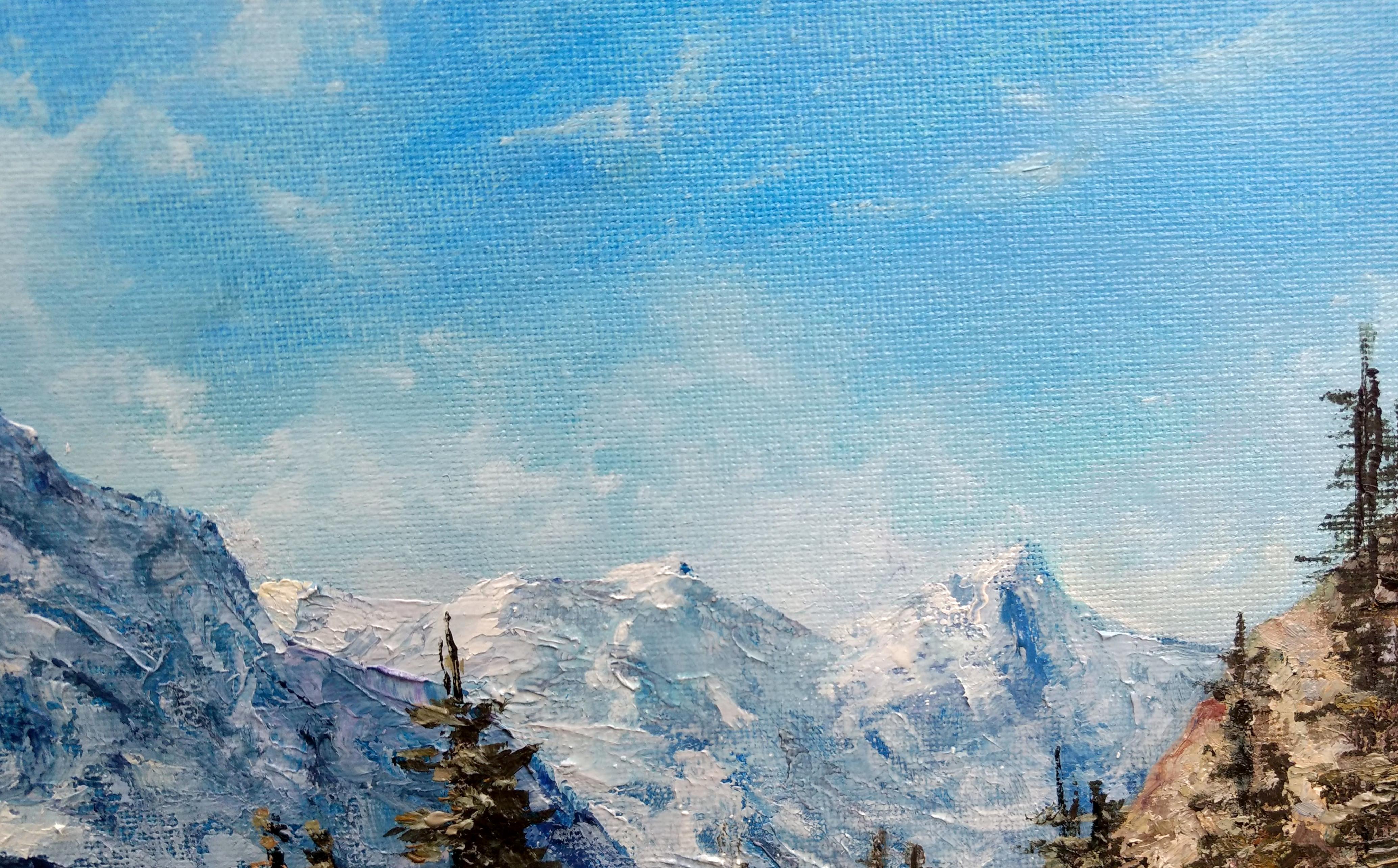 Snow peaks - Oil Painting Landscape with Mountain Valley For Sale 1