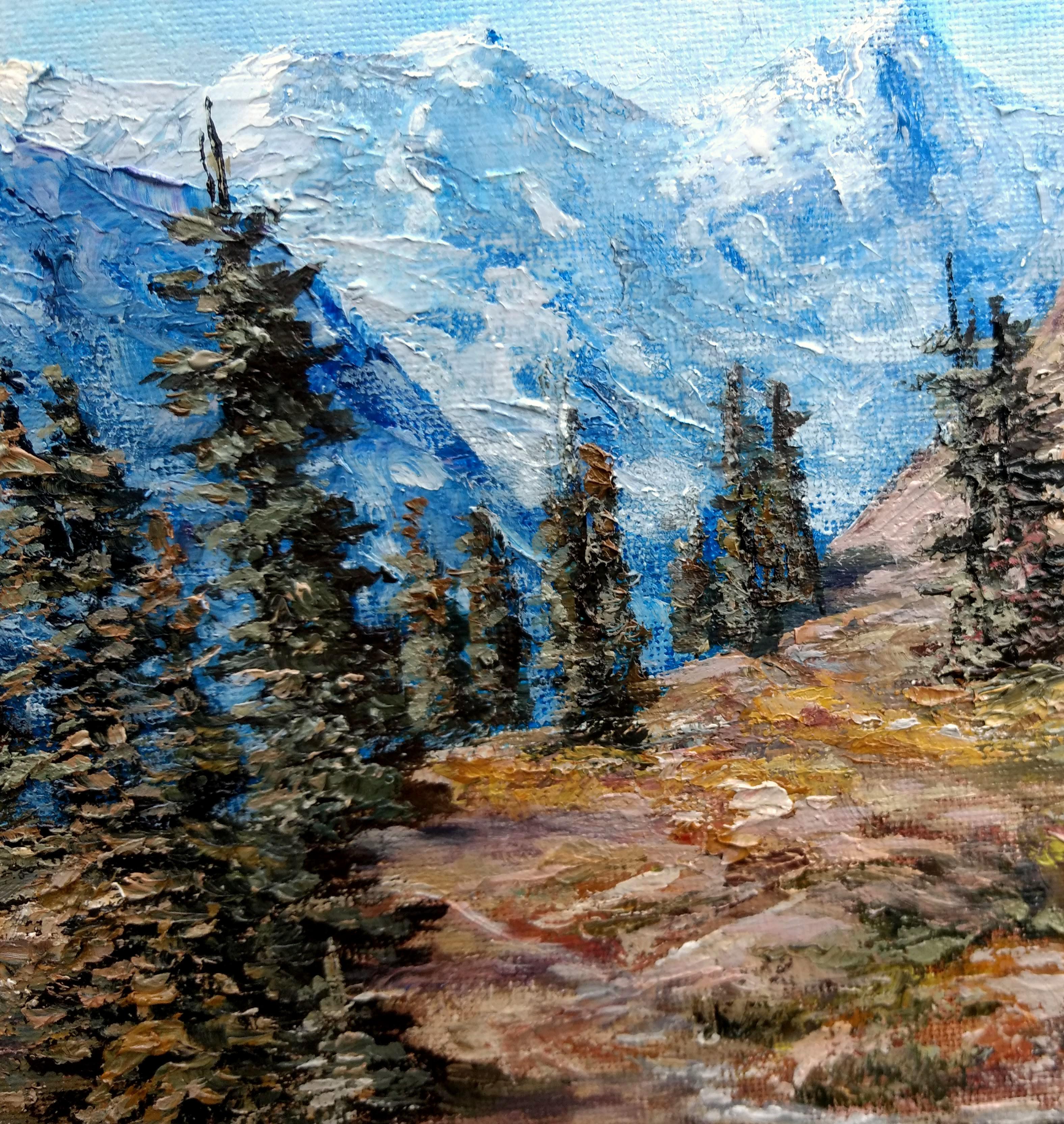 Snow peaks - Oil Painting Landscape with Mountain Valley For Sale 2