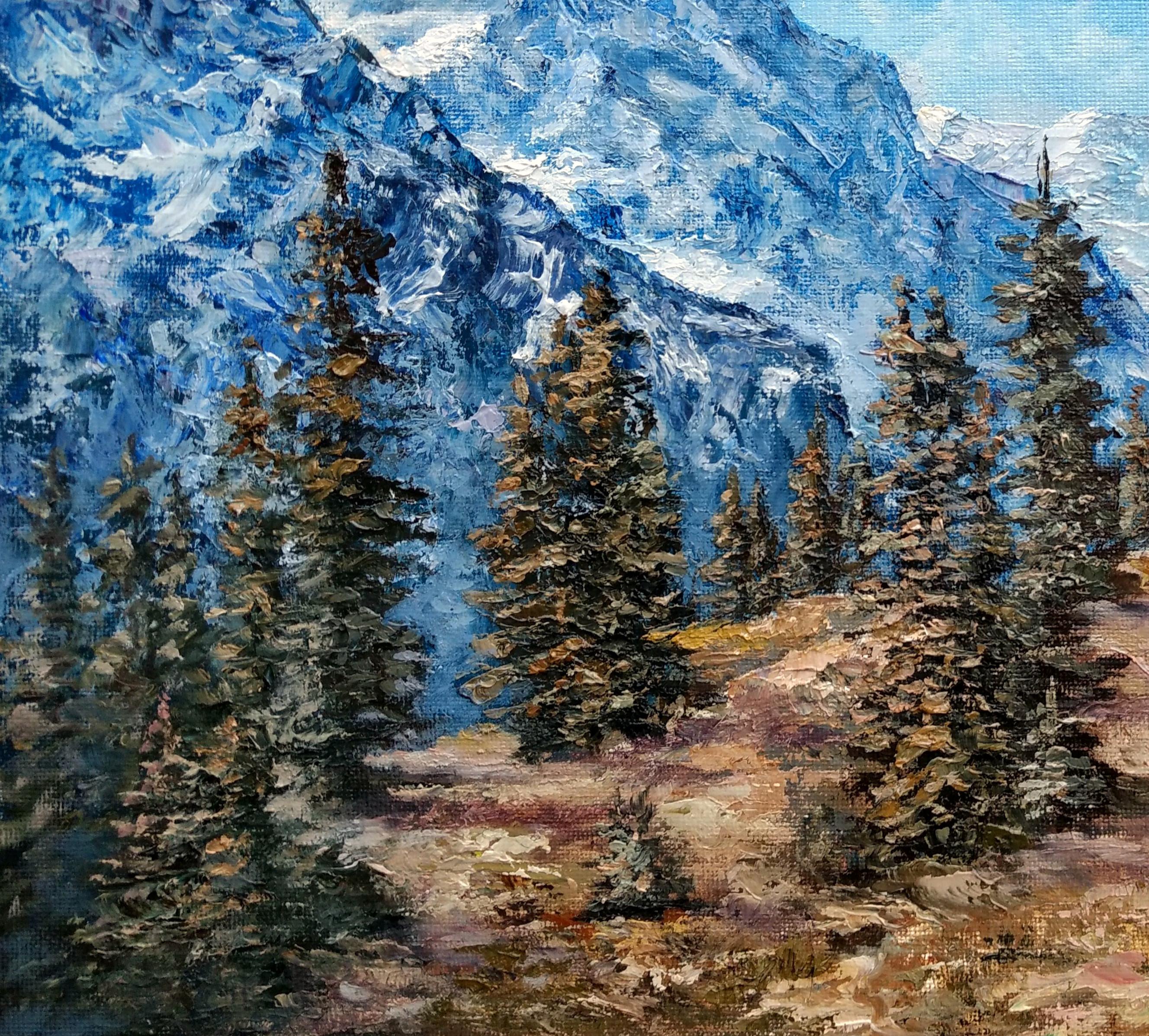 Snow peaks - Oil Painting Landscape with Mountain Valley For Sale 3