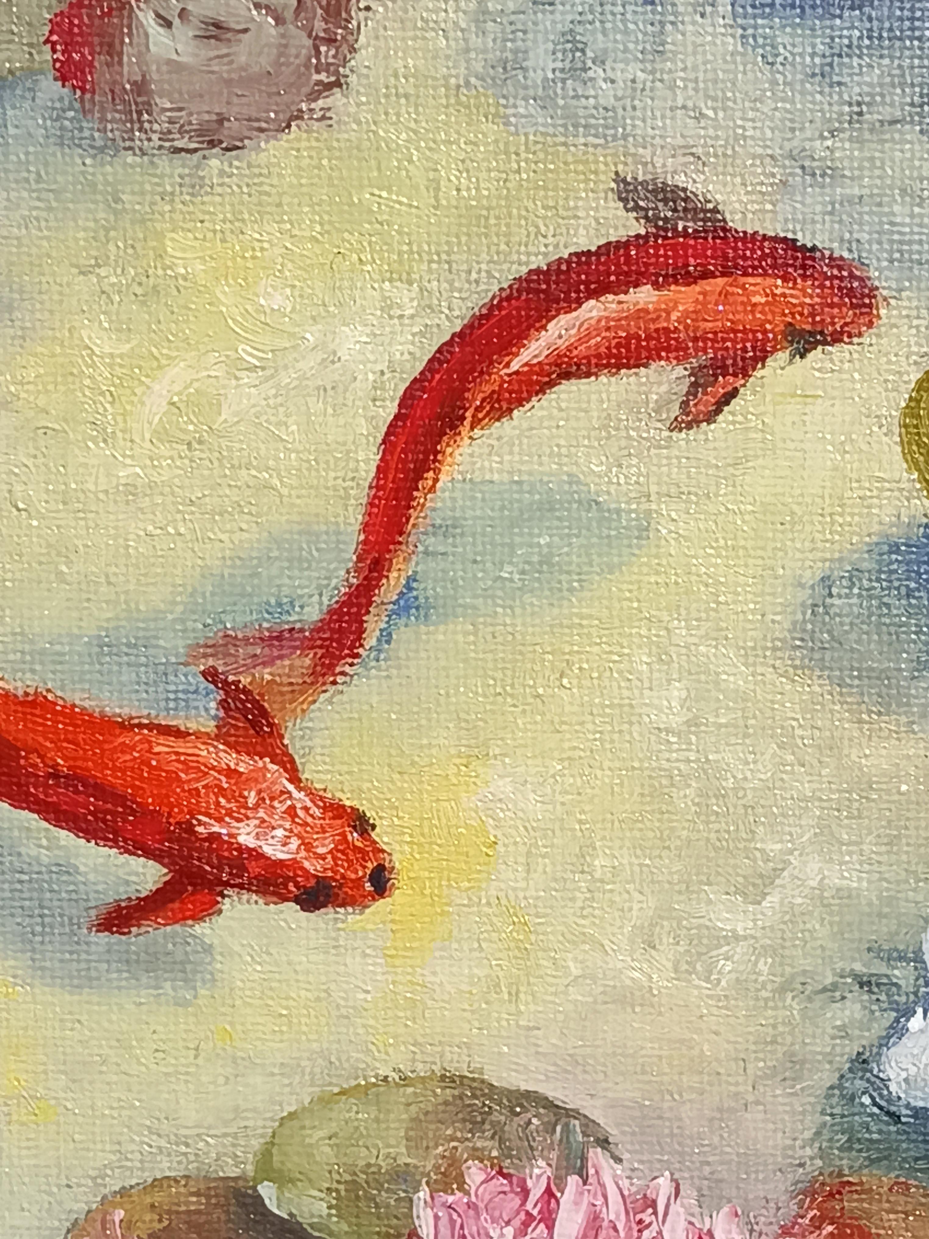 In pace il laghetto dei pesci Koi. Pittura a olio Paesaggio. in vendita 6