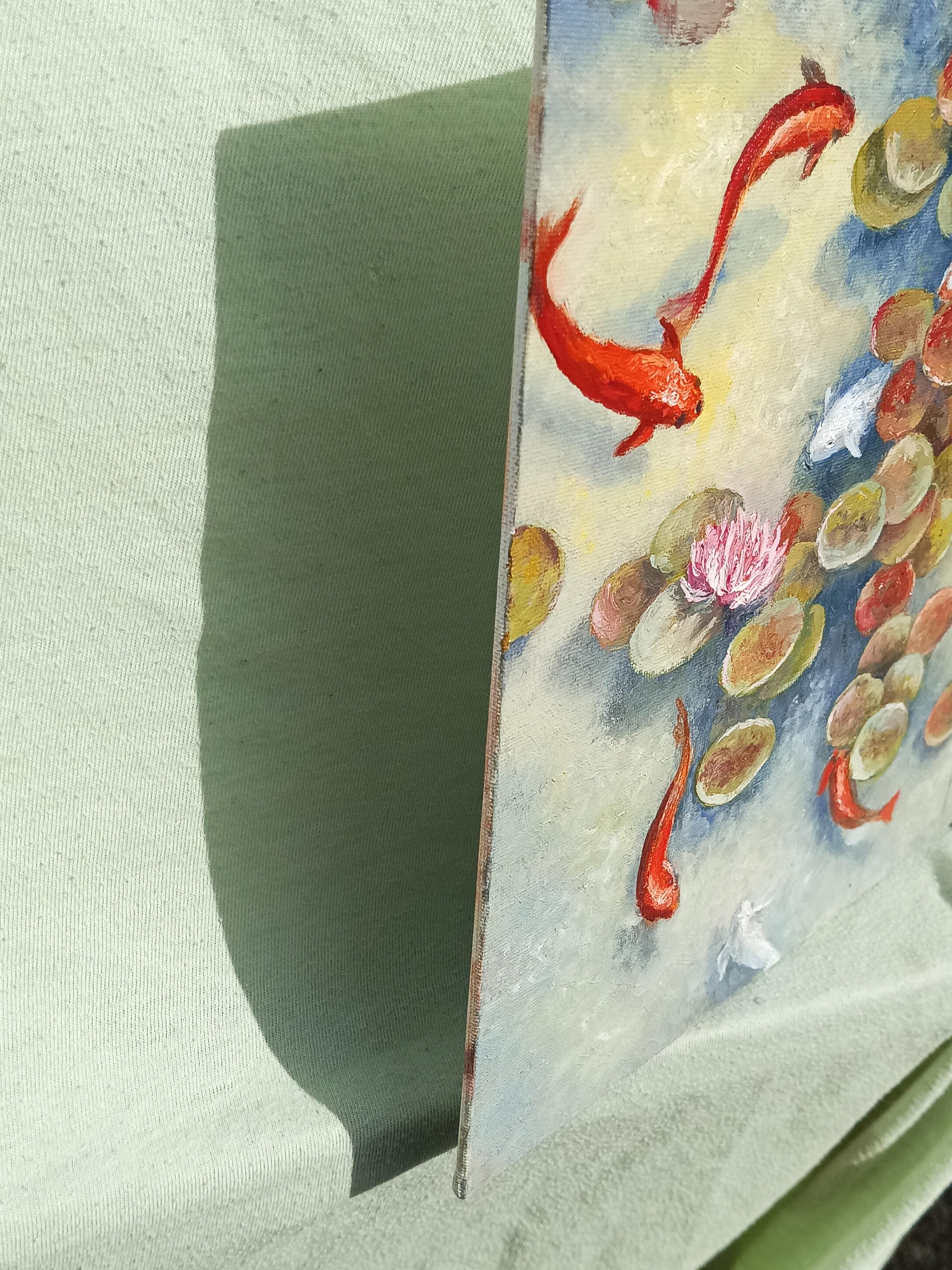 In pace il laghetto dei pesci Koi. Pittura a olio Paesaggio. in vendita 7
