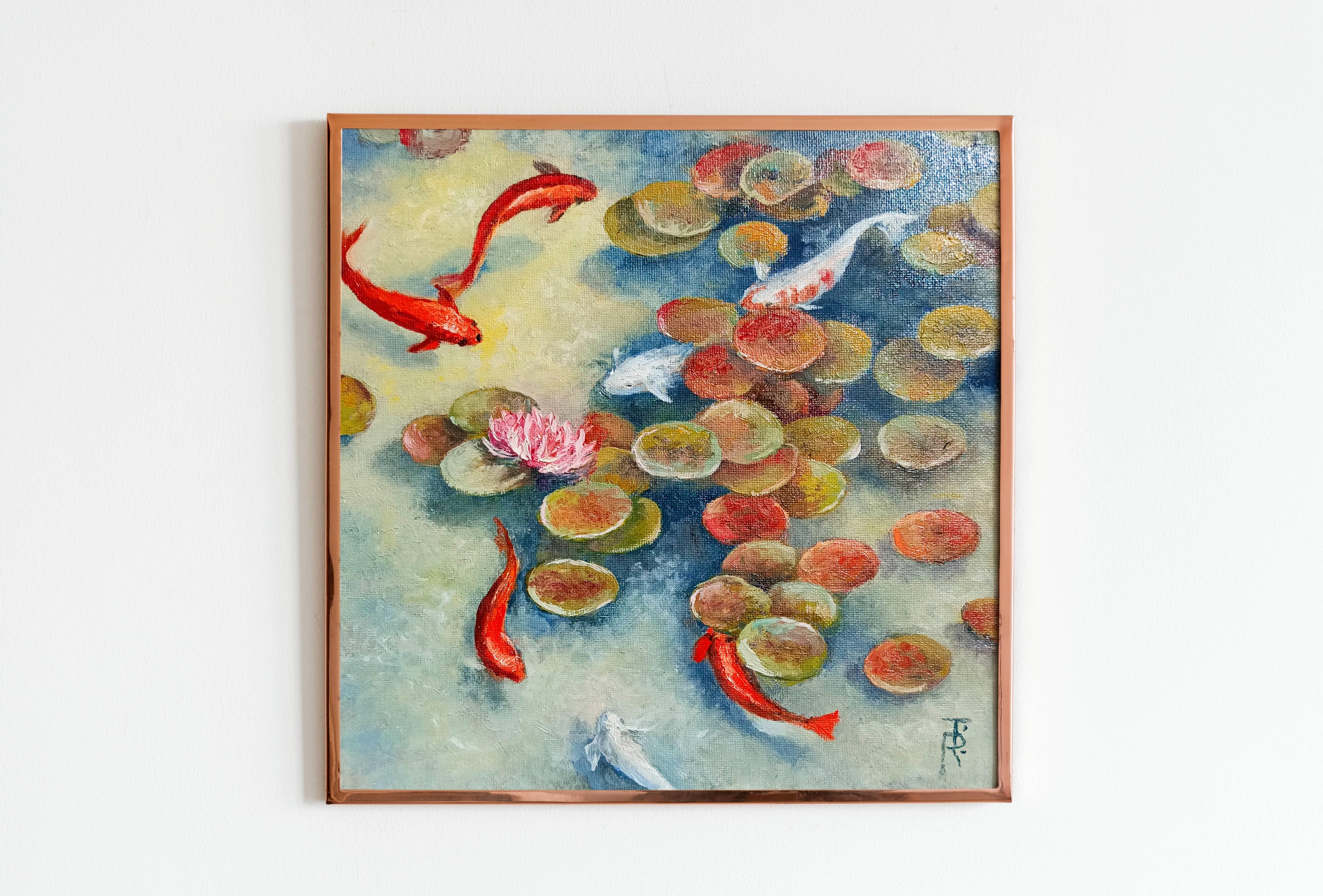 In pace il laghetto dei pesci Koi. Pittura a olio Paesaggio. - Painting di Tamara Rozinskay (Makhotina)