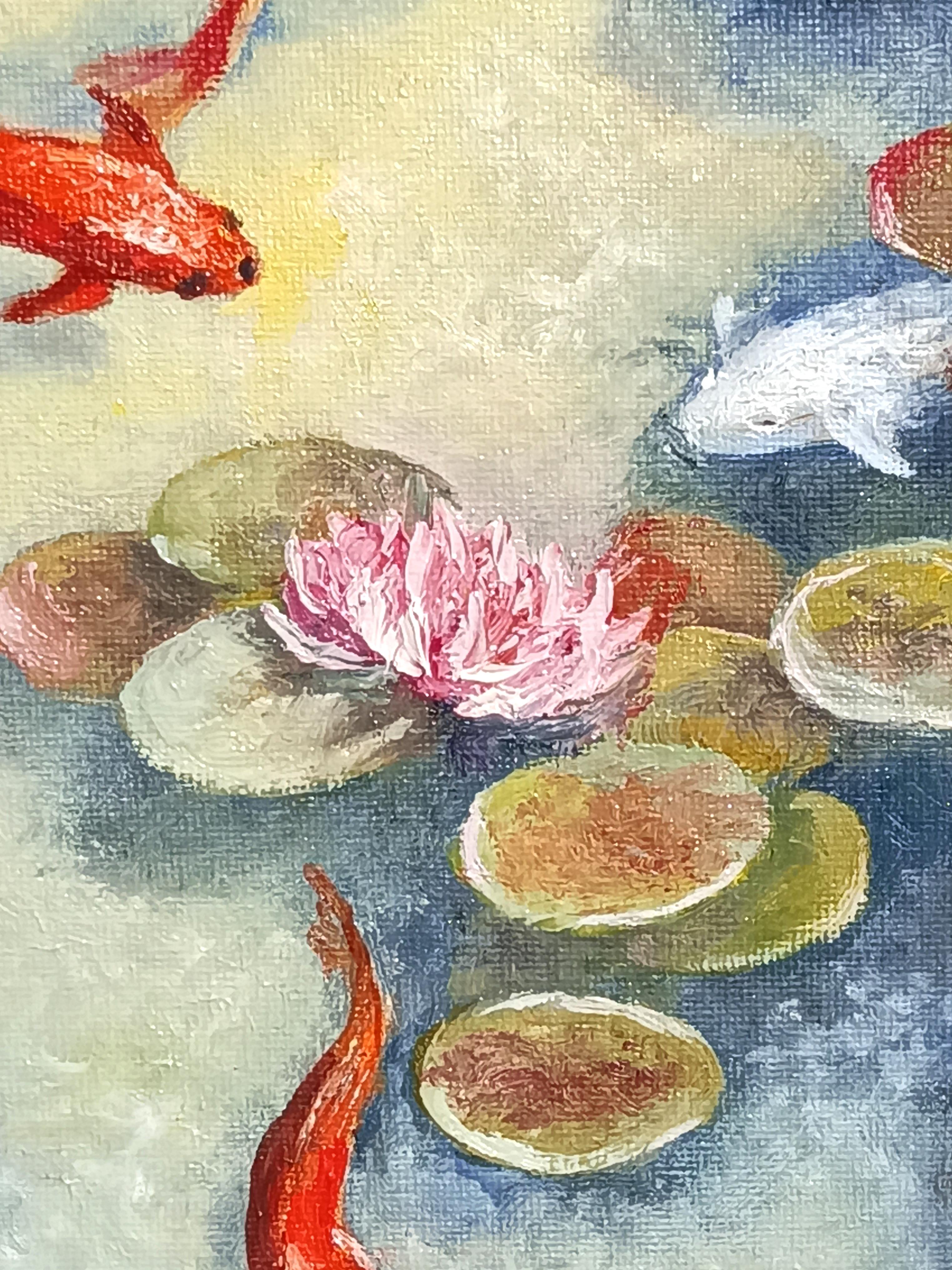 In pace il laghetto dei pesci Koi. Pittura a olio Paesaggio. in vendita 1
