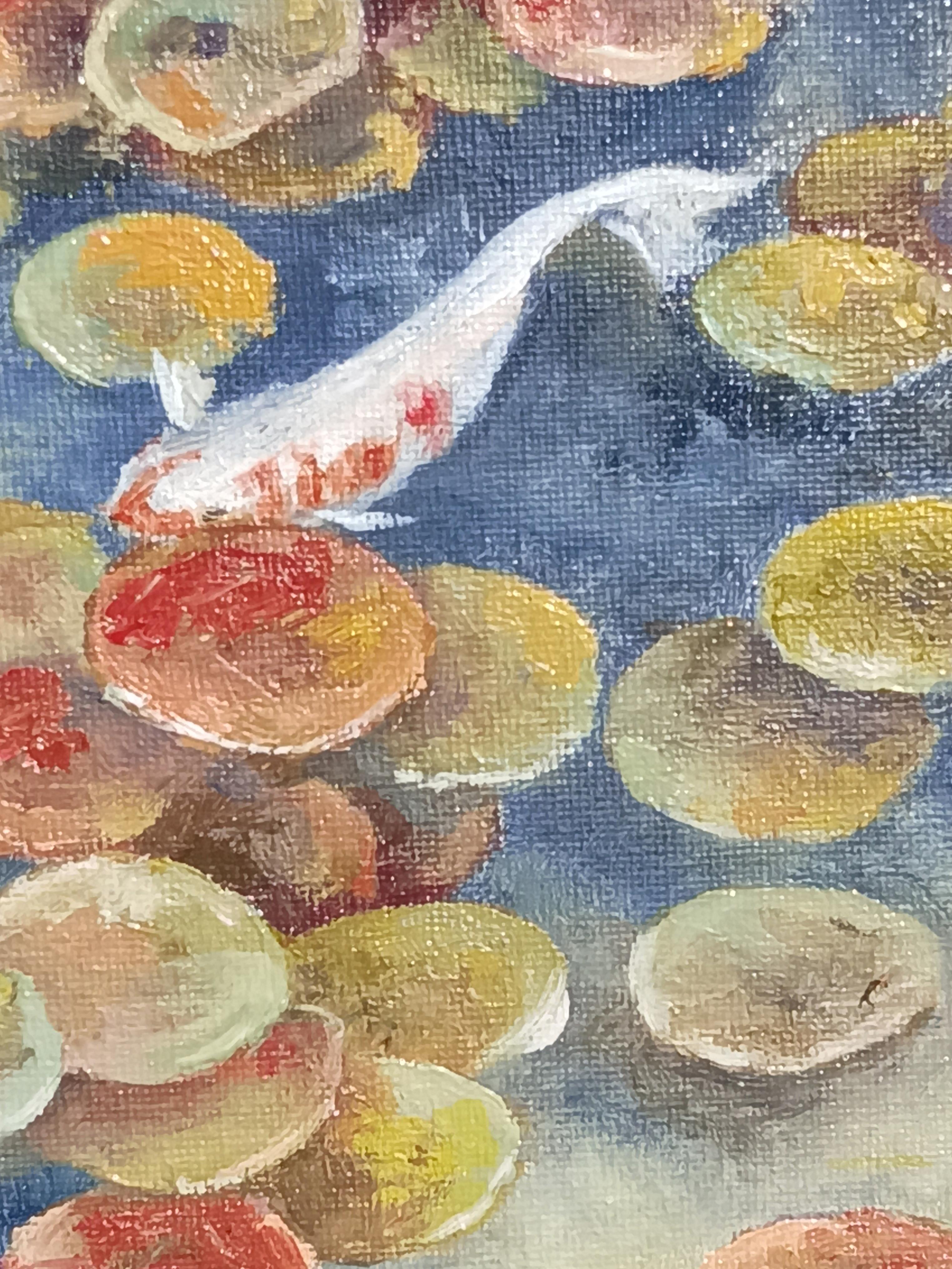 In pace il laghetto dei pesci Koi. Pittura a olio Paesaggio. in vendita 3