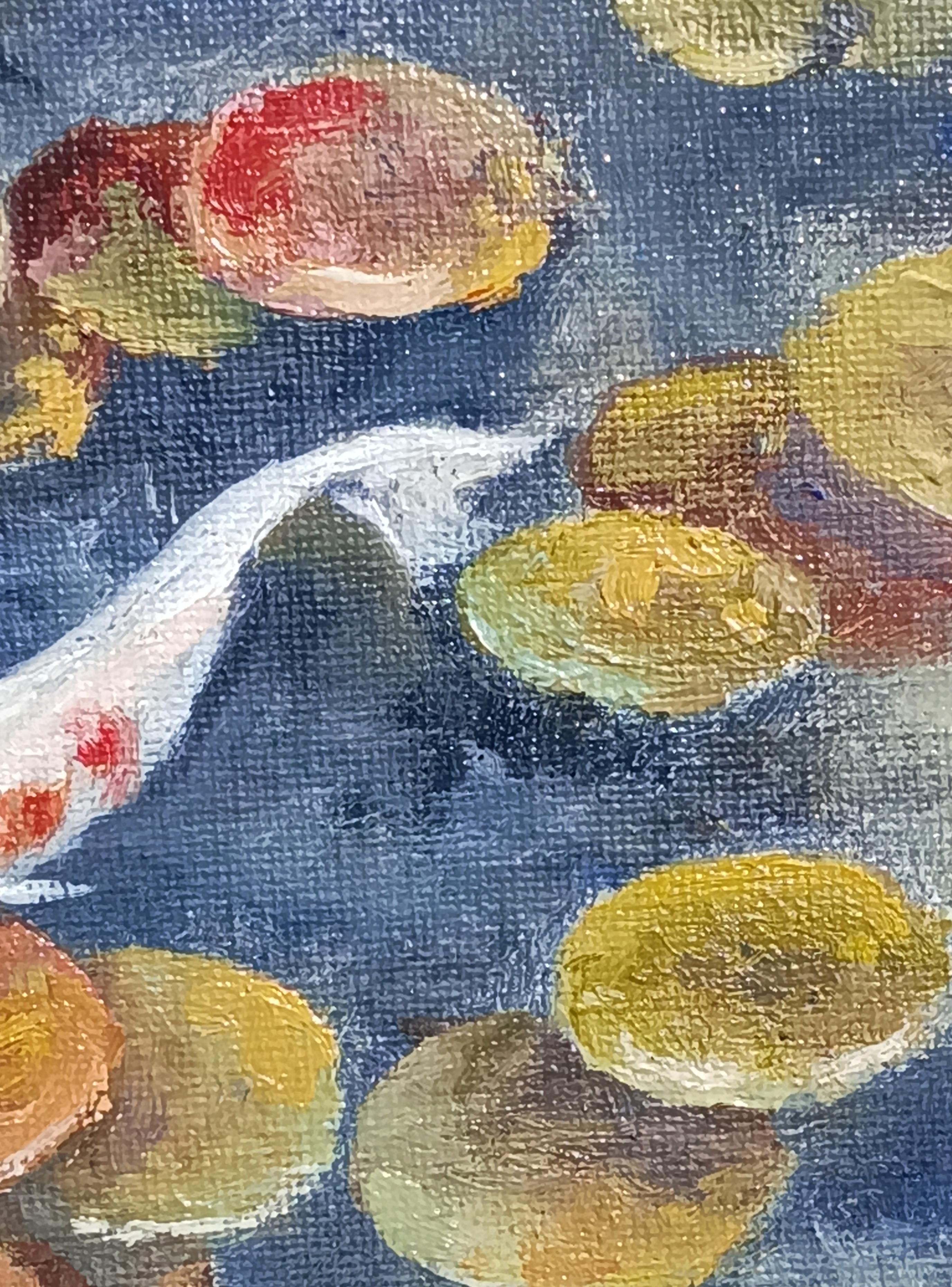 In pace il laghetto dei pesci Koi. Pittura a olio Paesaggio. in vendita 4