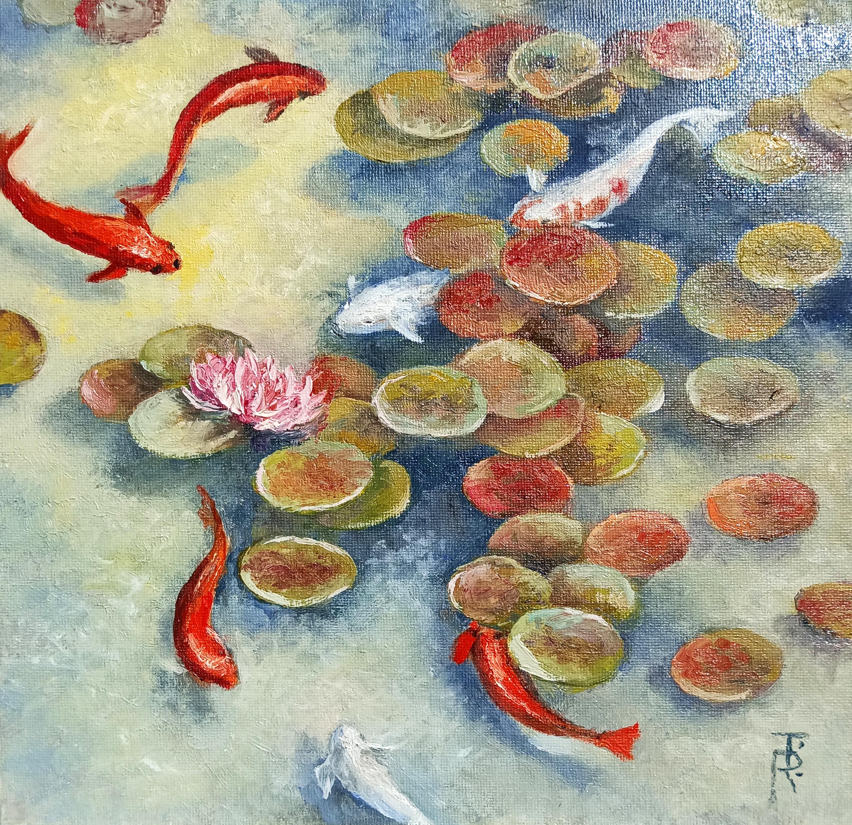 In pace il laghetto dei pesci Koi. Pittura a olio Paesaggio.