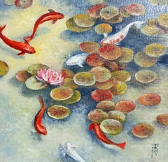 In Peace Koi Fish Pond. Oil Painting Landscape.
