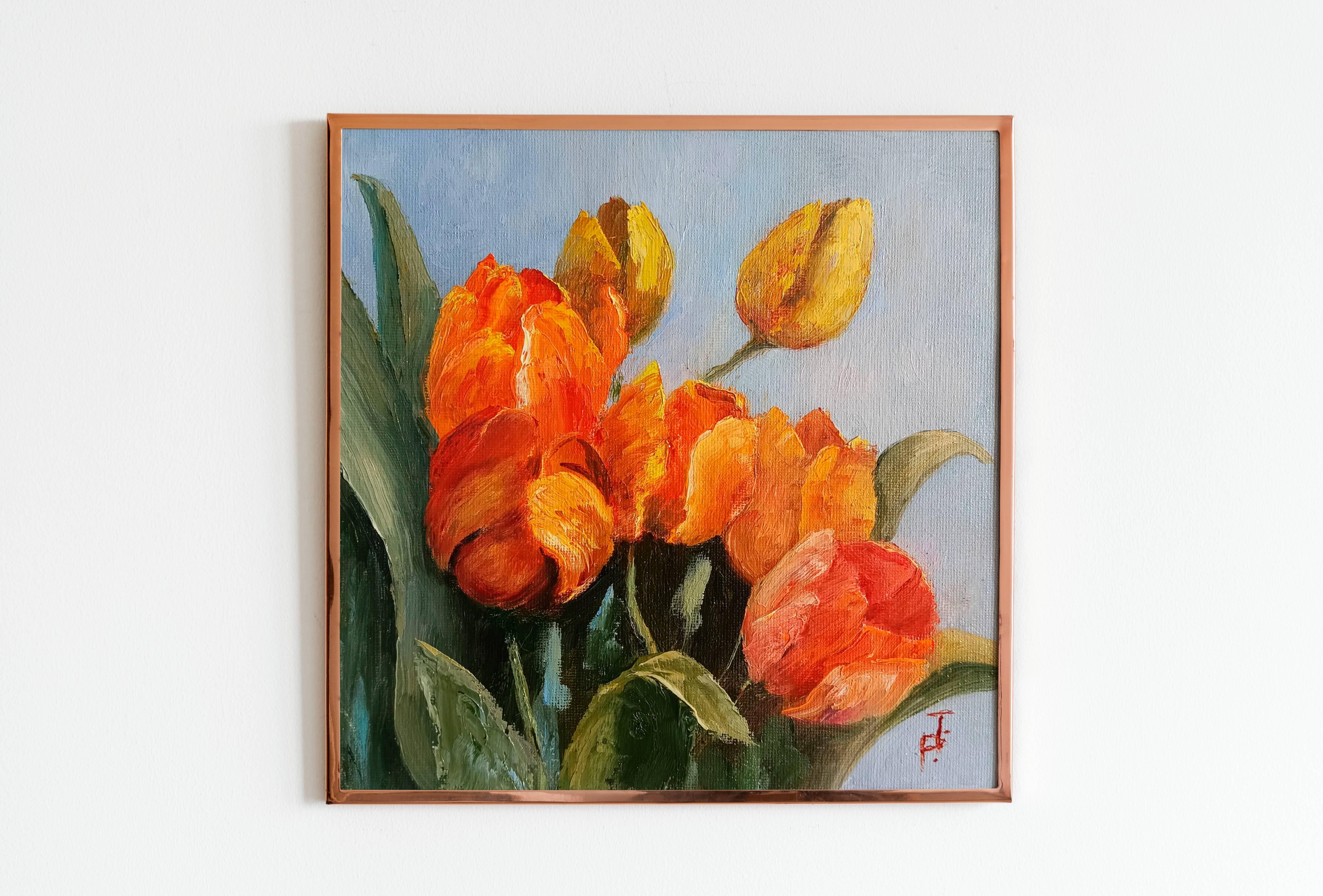 Red tulips. Floral Still Life Oil Painting - Brown Still-Life Painting by Tamara Rozinskay (Makhotina)