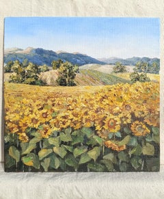 Sunny Valley - Landscape With Sunflowers Field and Mountain