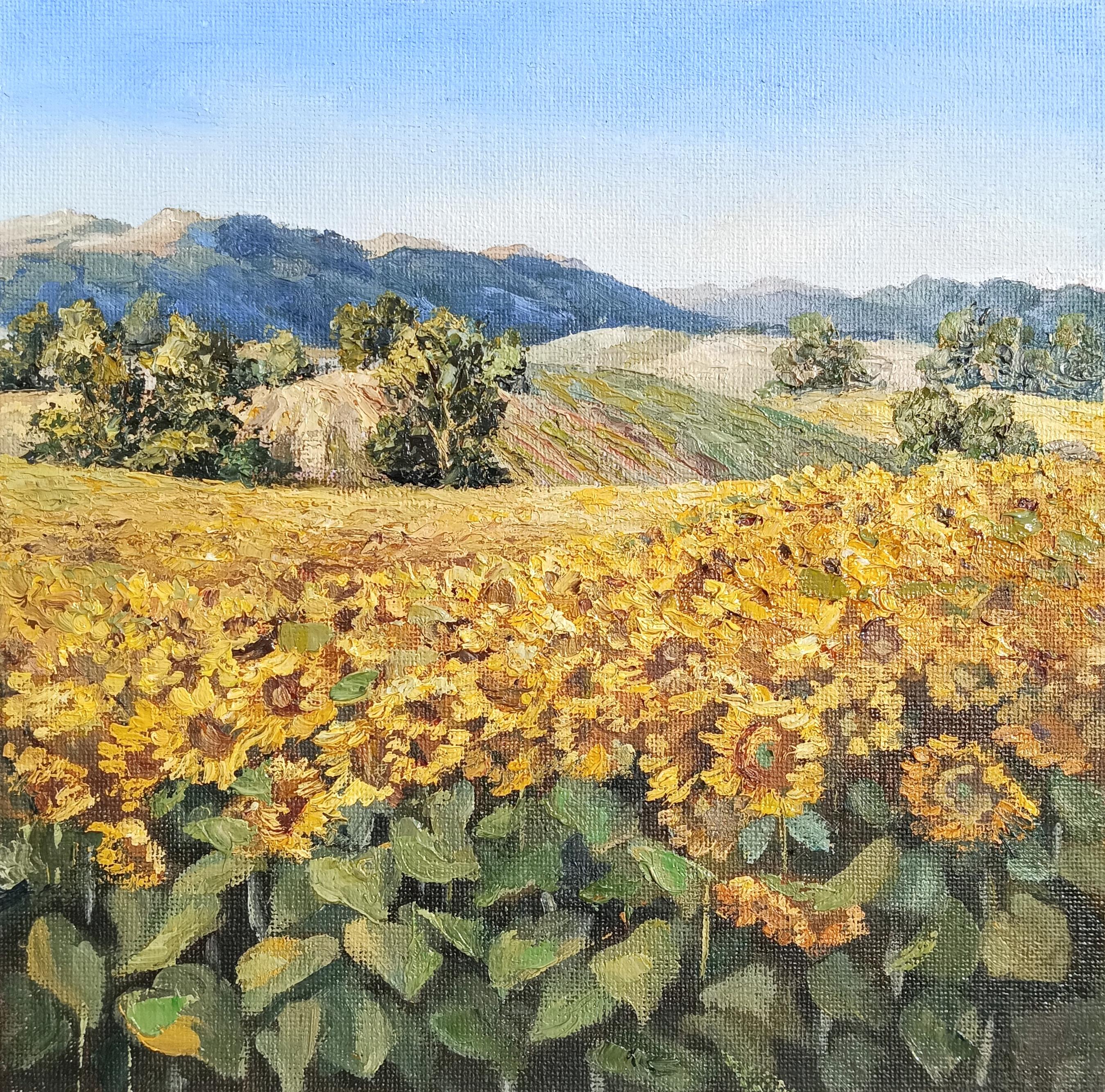 Landscape Painting de Tamara Rozinskay (Makhotina) - Valle Soleado - Paisaje Con Girasoles Campo y Montaña