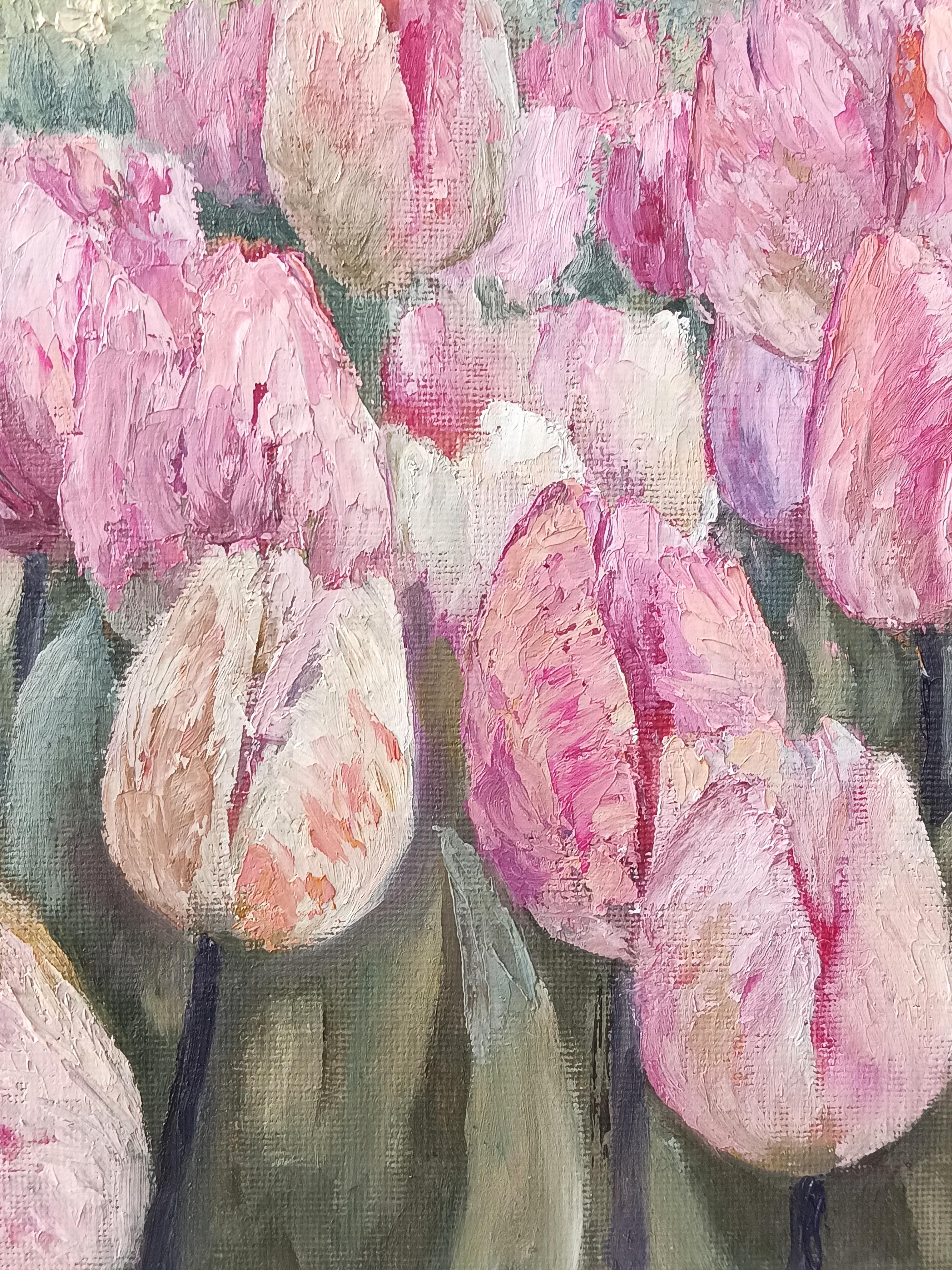 The gentle touch of a tulip. Pink Floral Still Life For Sale 5
