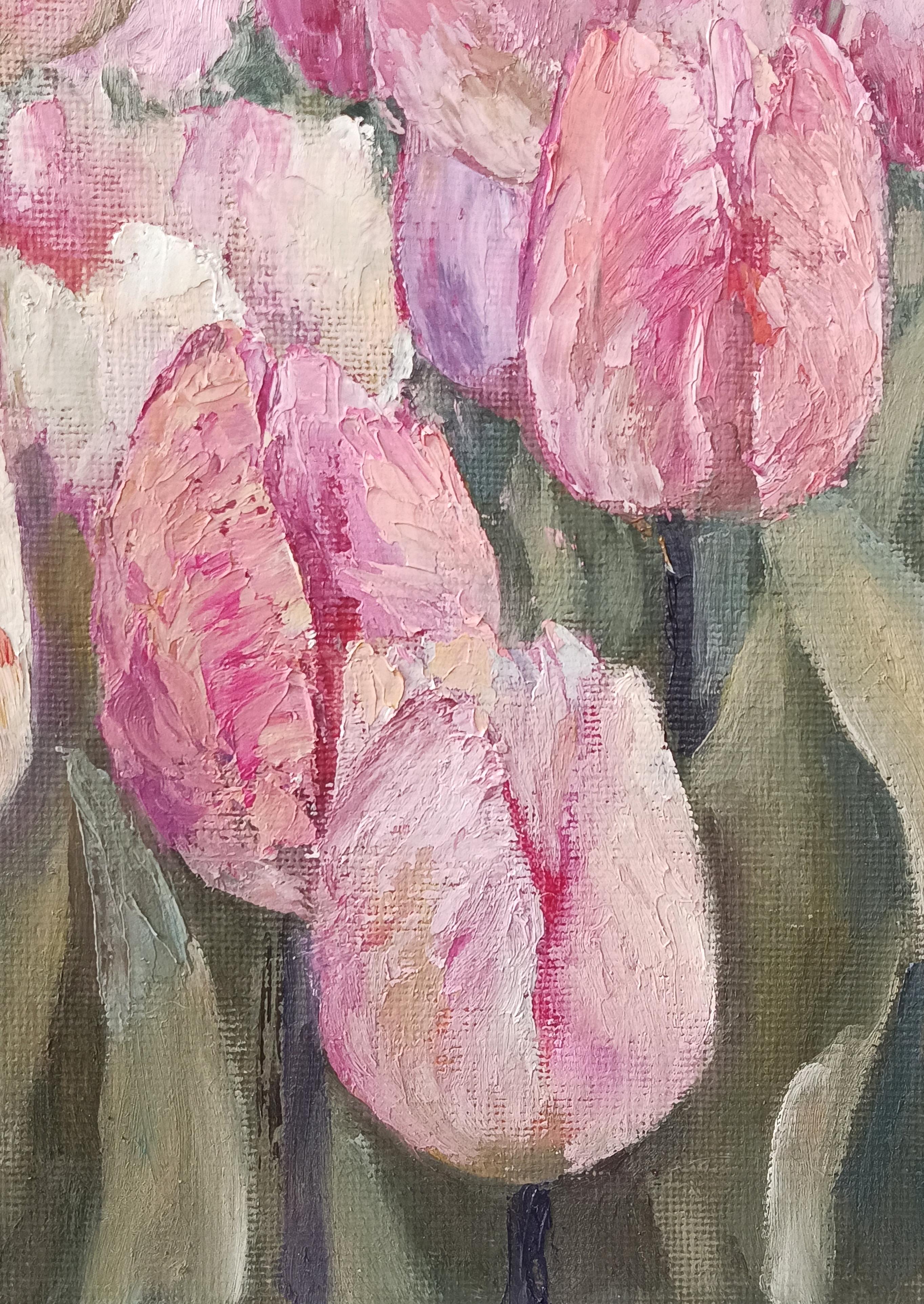 The gentle touch of a tulip. Pink Floral Still Life For Sale 6