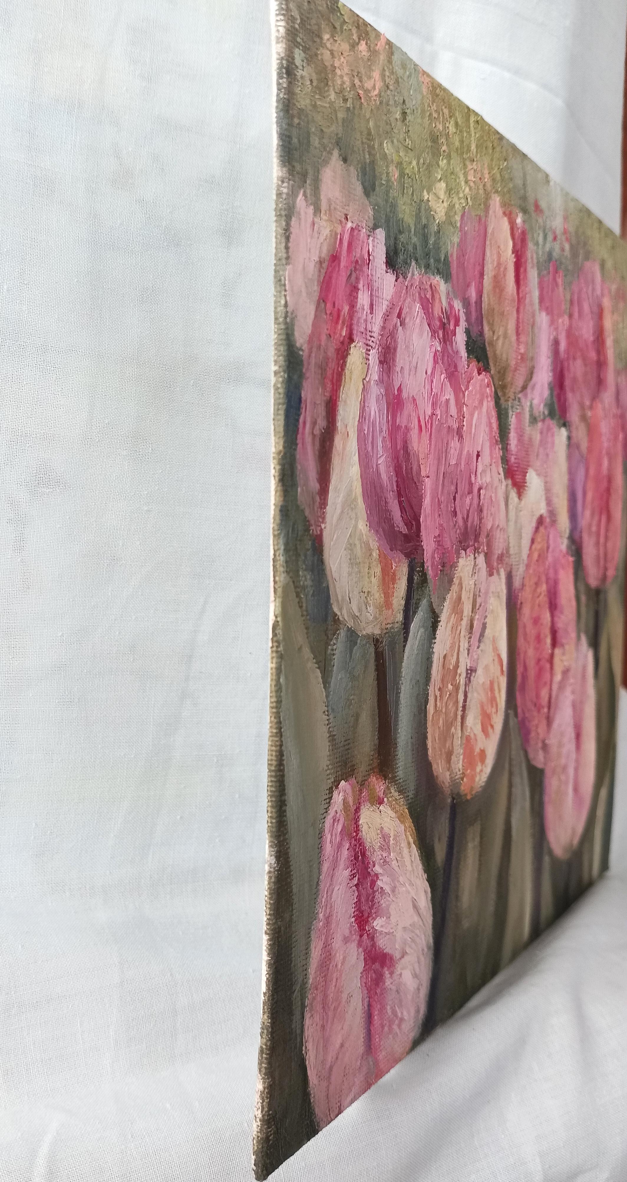 The gentle touch of a tulip. Pink Floral Still Life For Sale 7