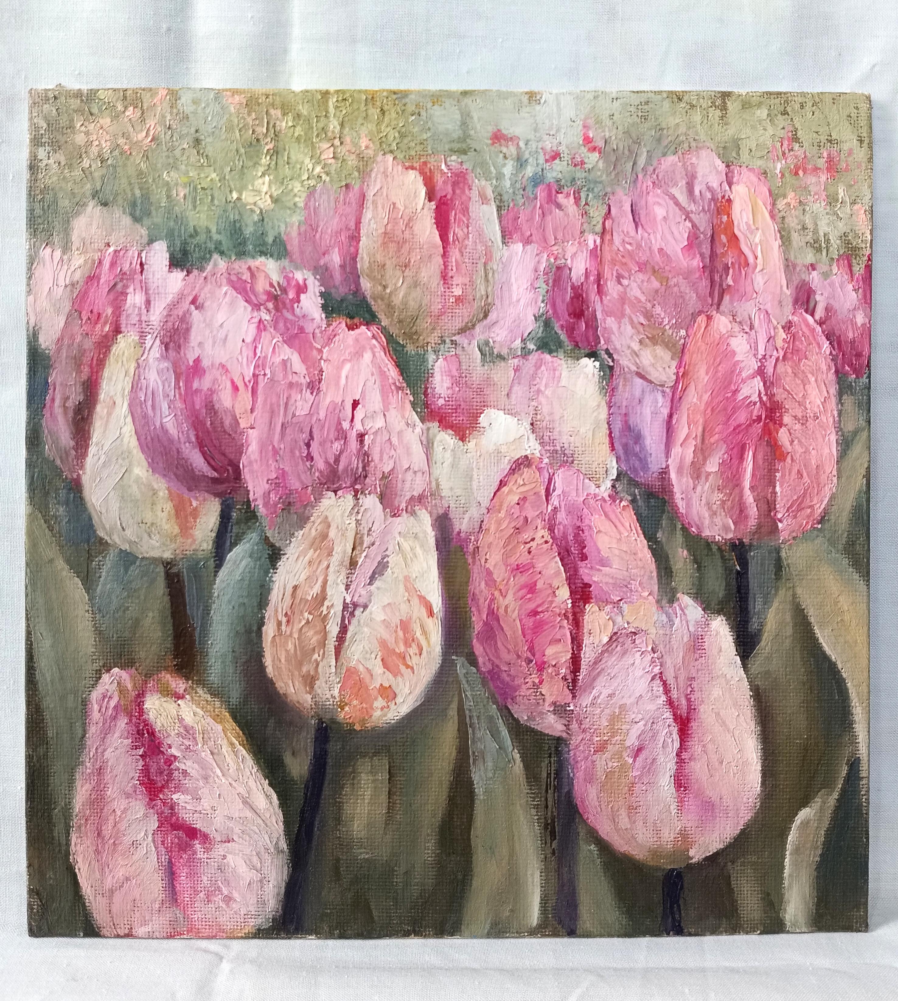 The gentle touch of a tulip. Pink Floral Still Life - Painting by Tamara Rozinskay (Makhotina)