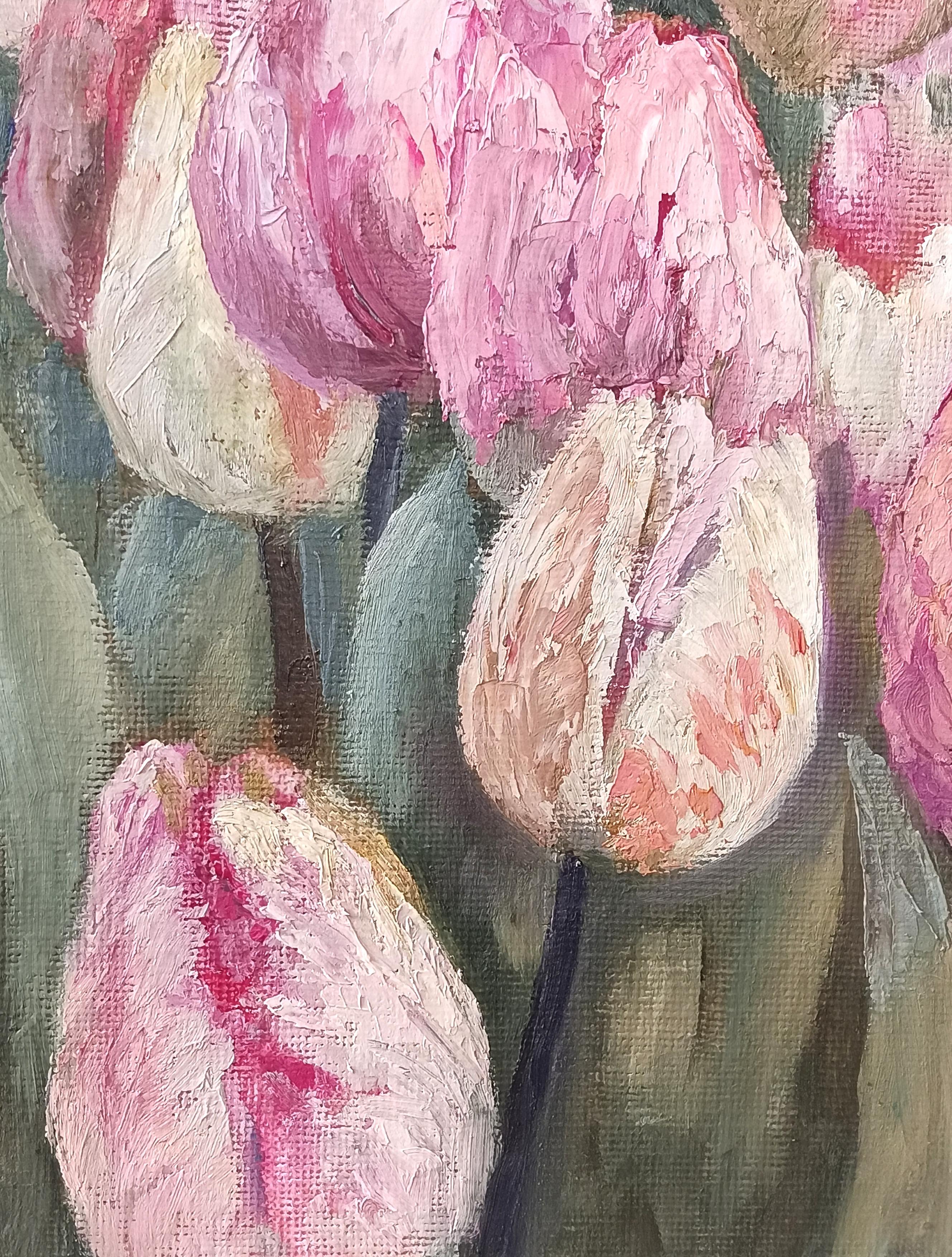 The gentle touch of a tulip. Pink Floral Still Life - Impressionist Painting by Tamara Rozinskay (Makhotina)