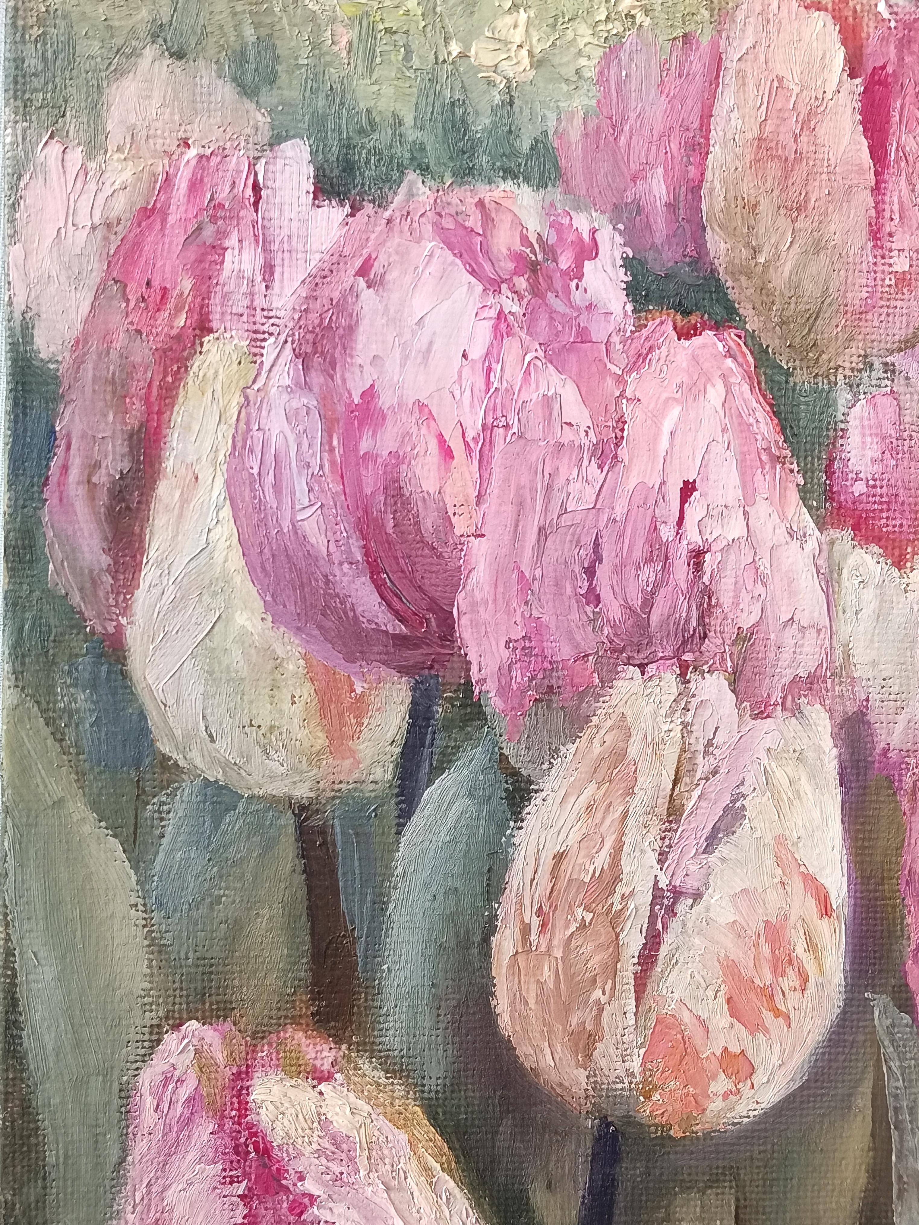 The gentle touch of a tulip. Pink Floral Still Life - Brown Still-Life Painting by Tamara Rozinskay (Makhotina)