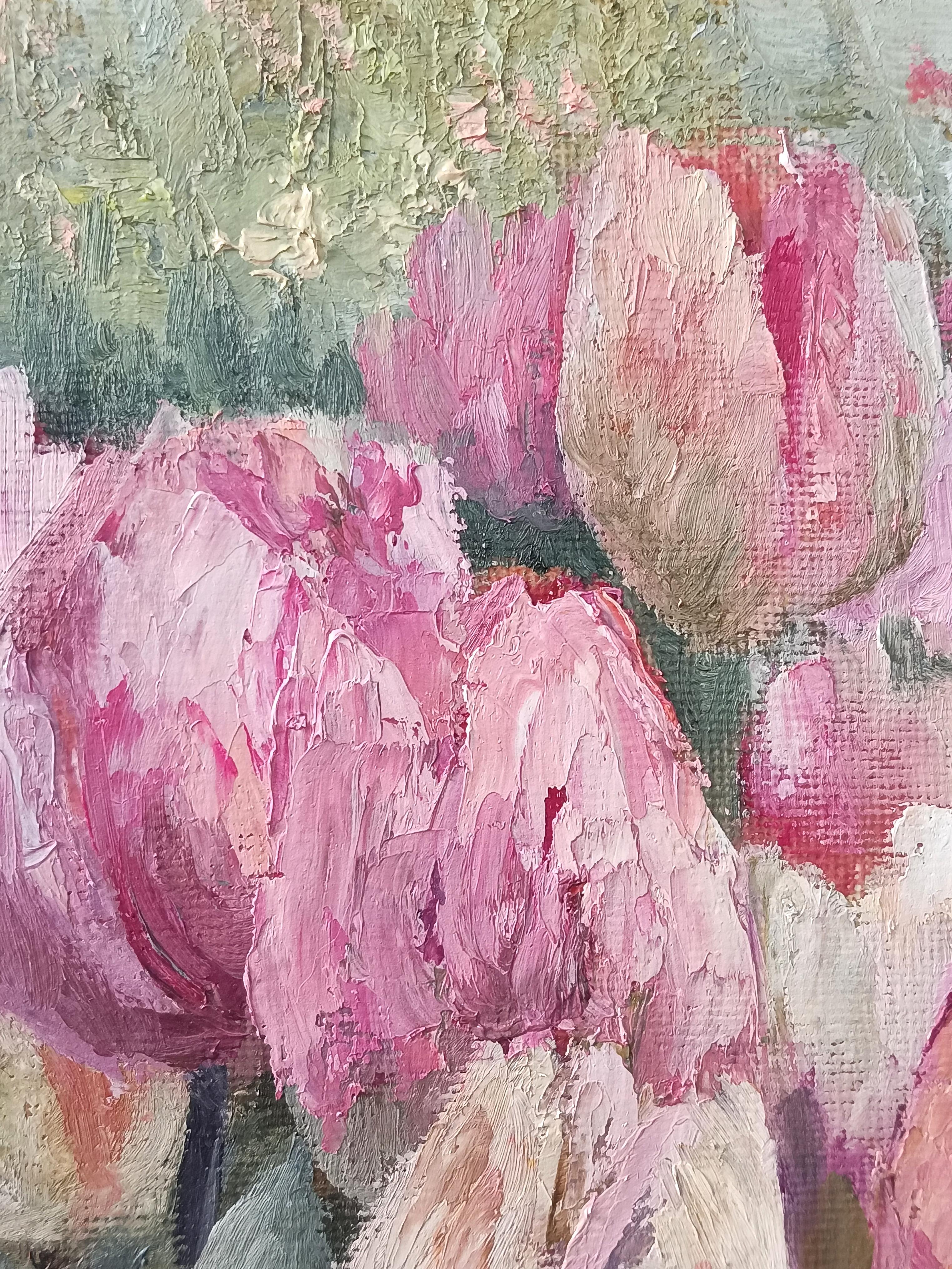 The gentle touch of a tulip. Pink Floral Still Life For Sale 1
