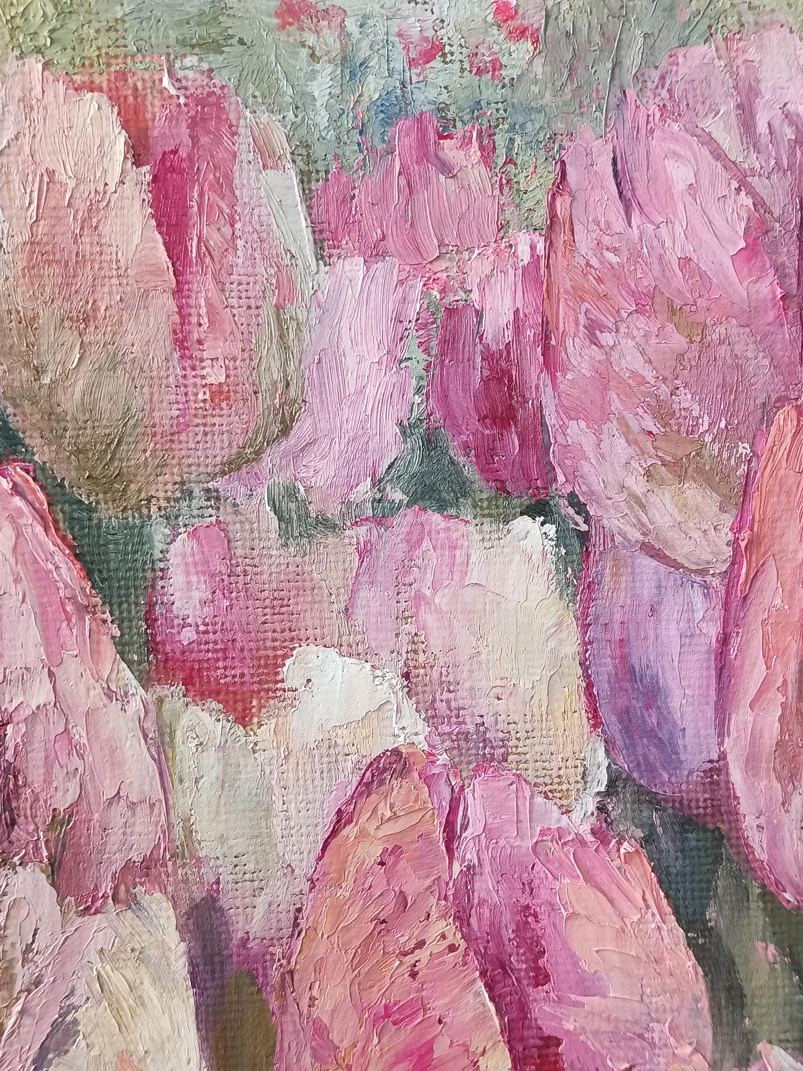 The gentle touch of a tulip. Pink Floral Still Life For Sale 2
