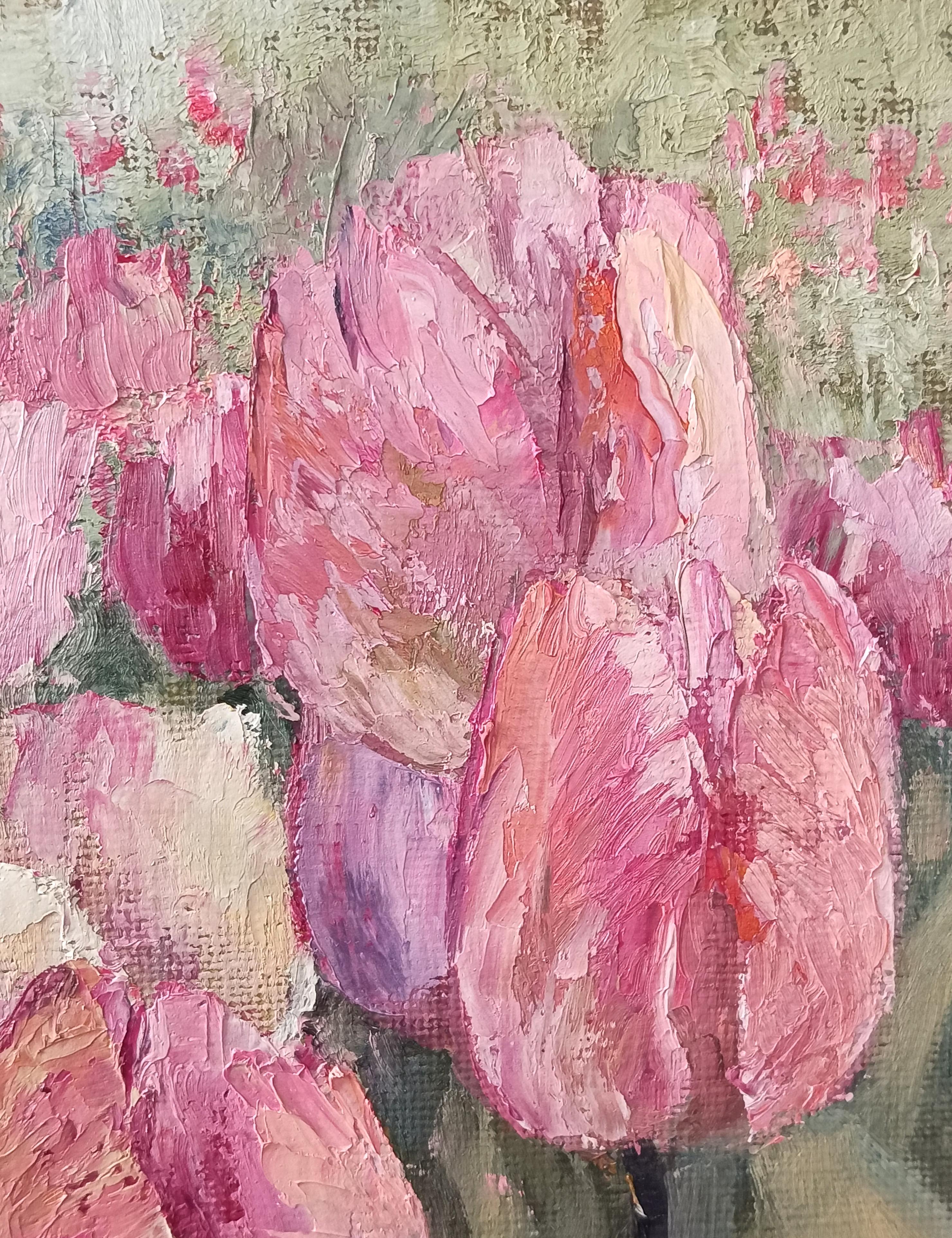 The gentle touch of a tulip. Pink Floral Still Life For Sale 3