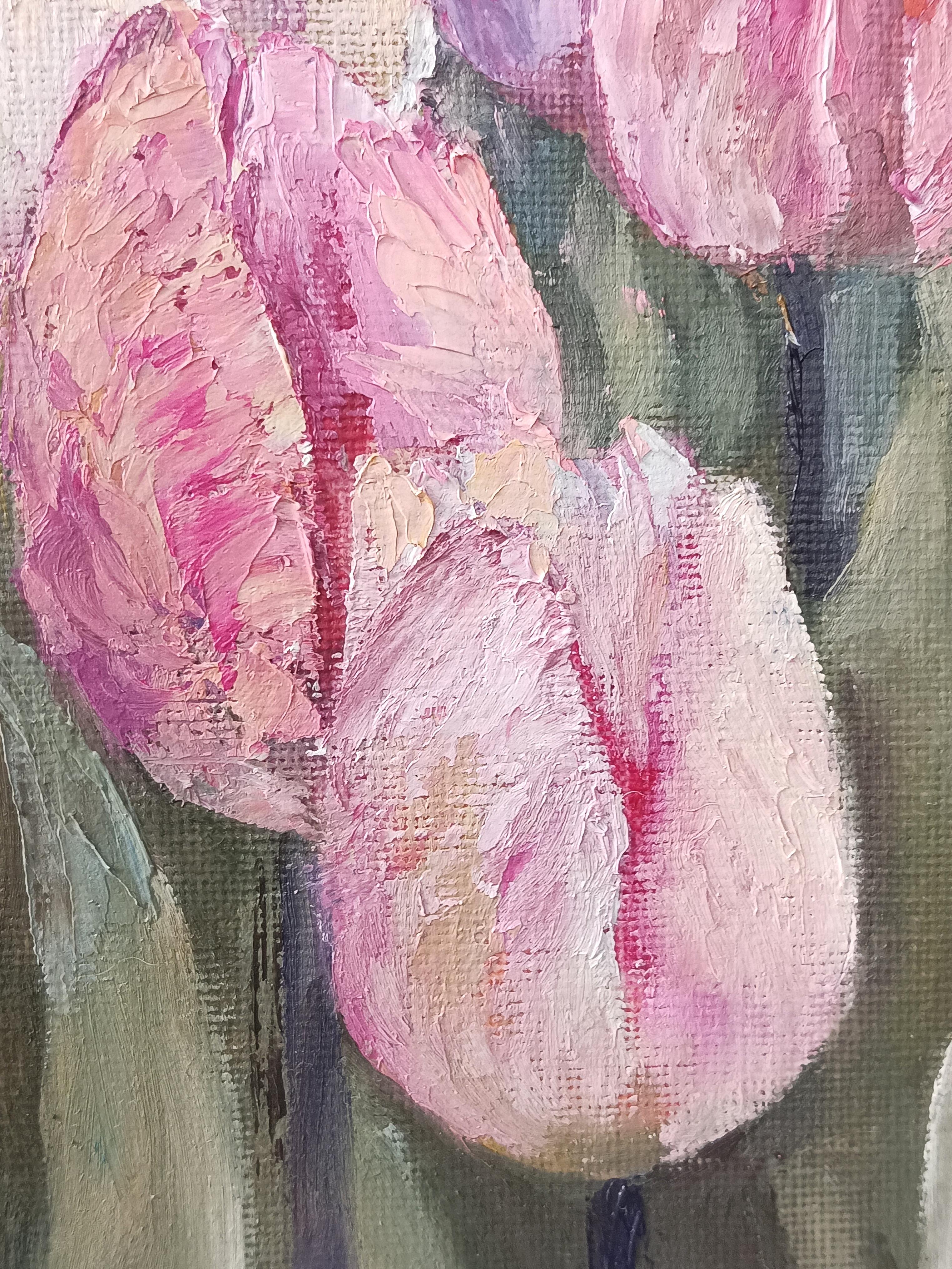 The gentle touch of a tulip. Pink Floral Still Life For Sale 4