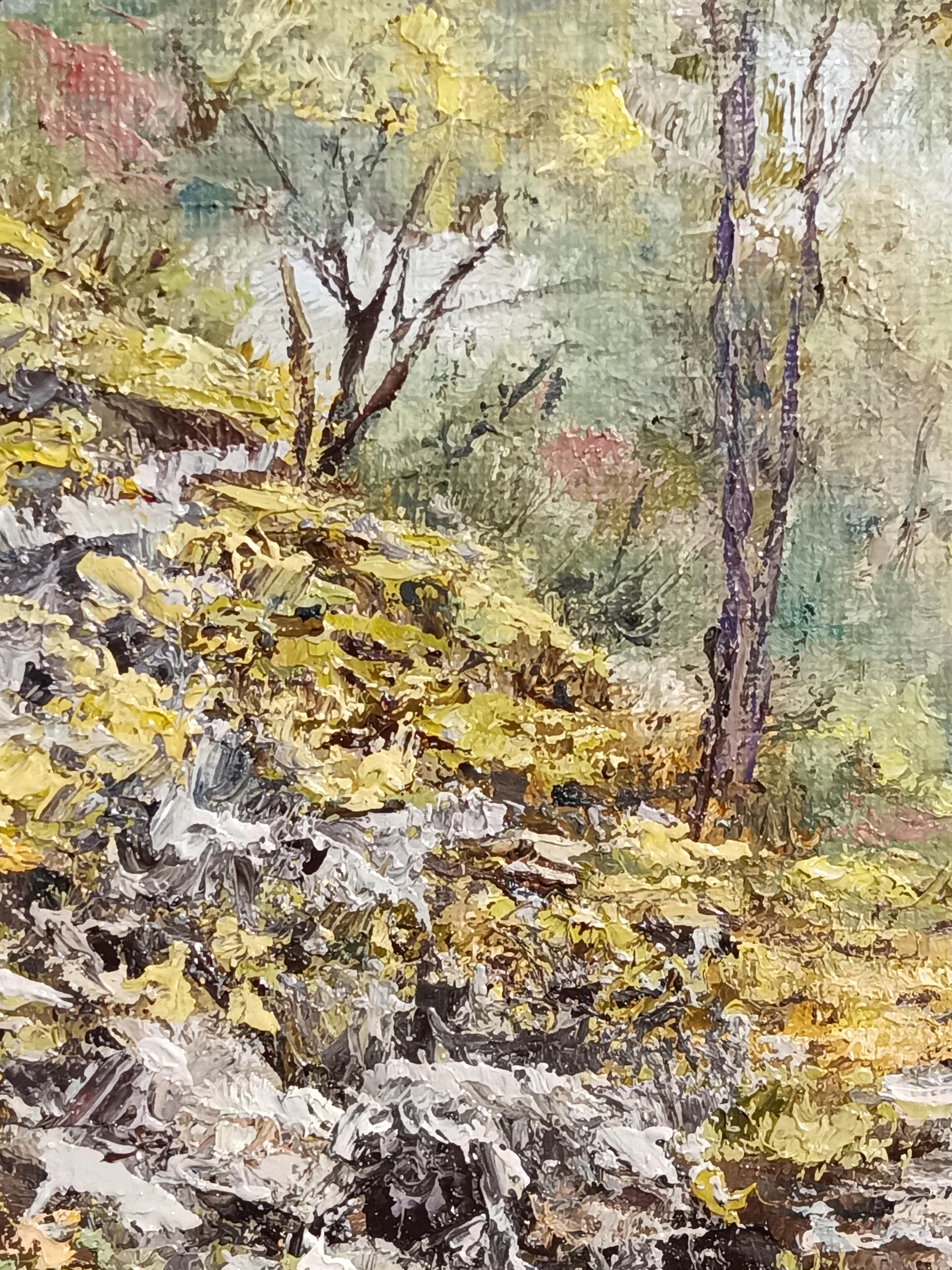 Paesaggio di foresta sussurrante con alberi realistici. Pittura ad olio originale in vendita 1