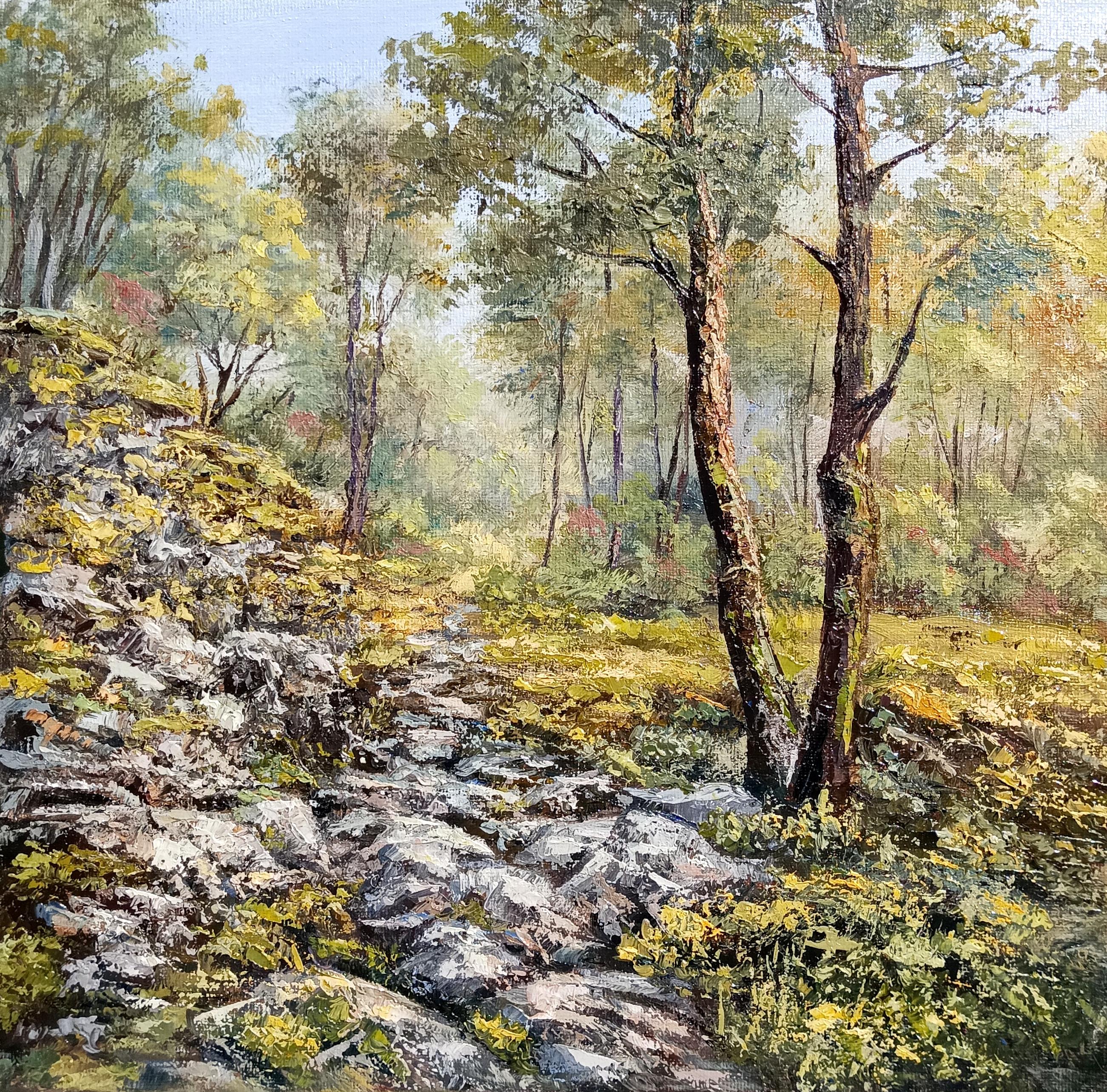 Paisaje Forestal Susurrante con Árboles Realista. Pintura al óleo original