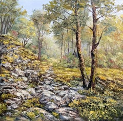Paisaje Forestal Susurrante con Árboles Realista. Pintura al óleo original