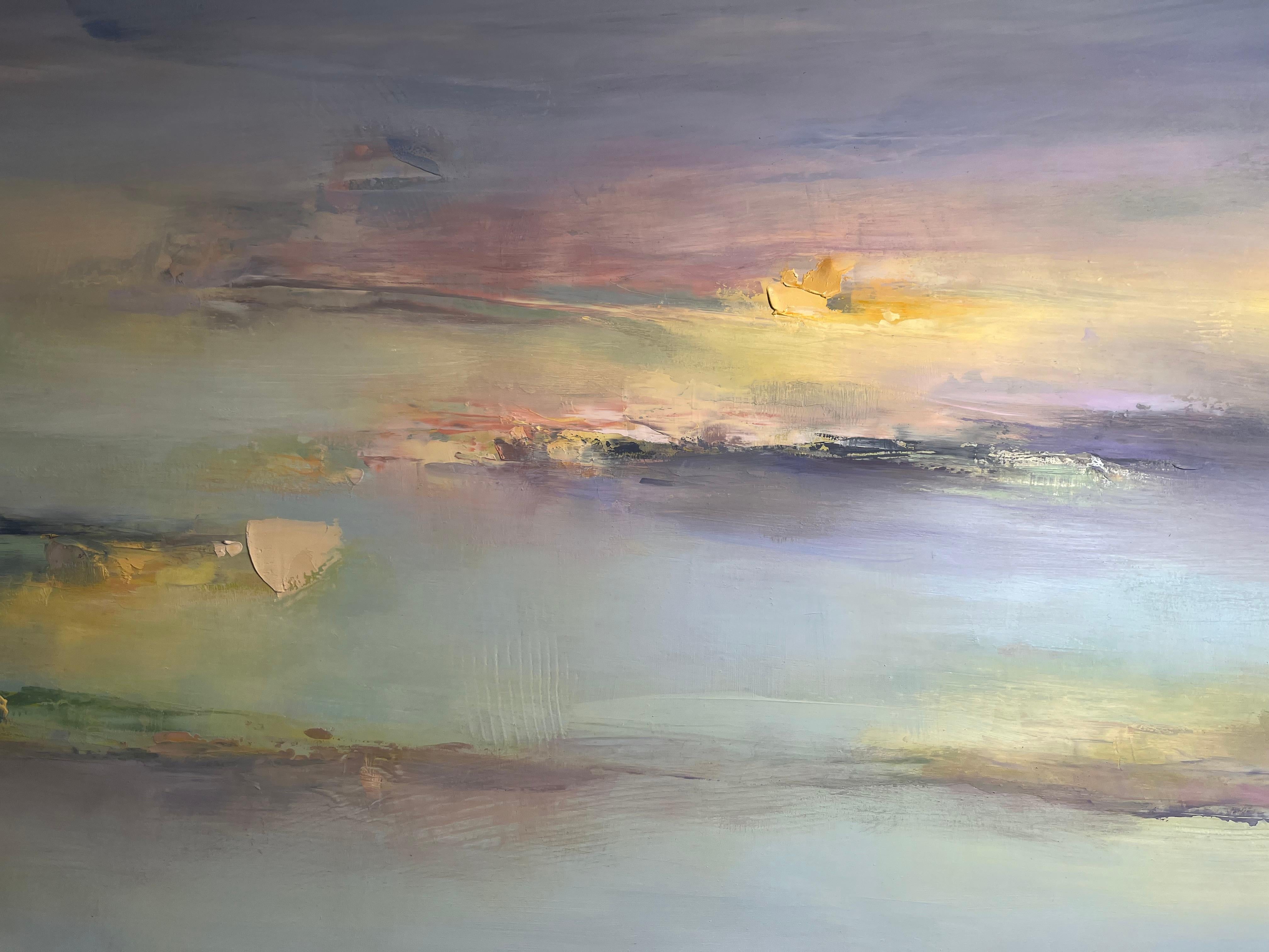 Calm Sea, serene landscape with light sky, oil and cold wax on panel - Painting by Tamara Soto