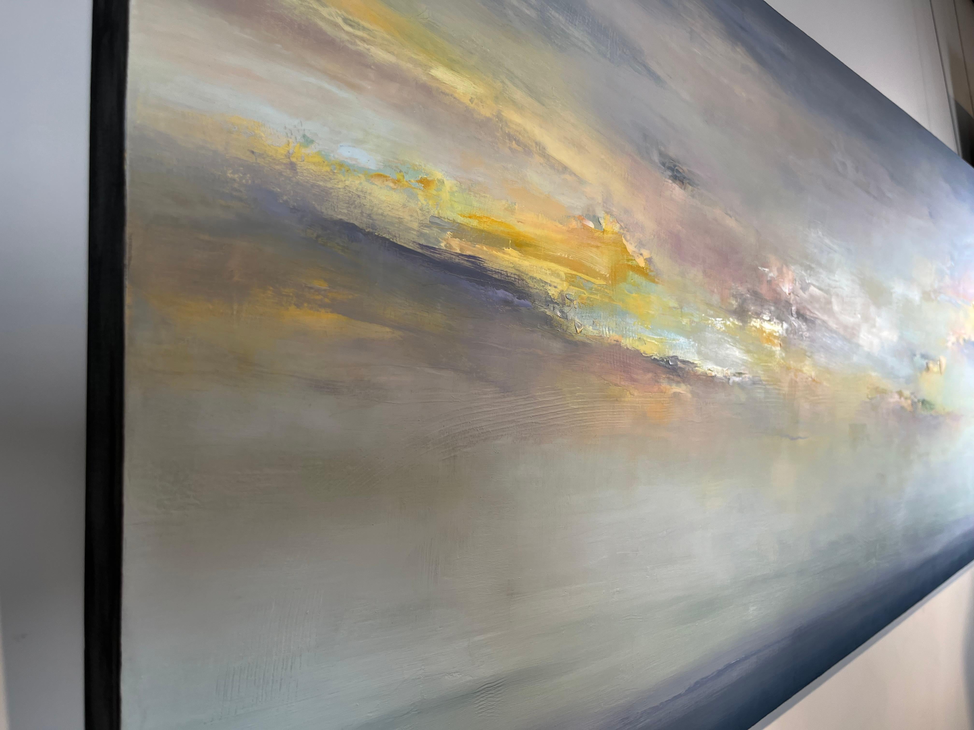 Calm Sea is a beautiful, relaxing yet vibrant oil and cold wax on panel painting by Canadian-Bolivian artist Tamara Soto. 

Cold wax painting blurs the line between oil painting and the more well known encaustic painting. Cold wax medium is a dense