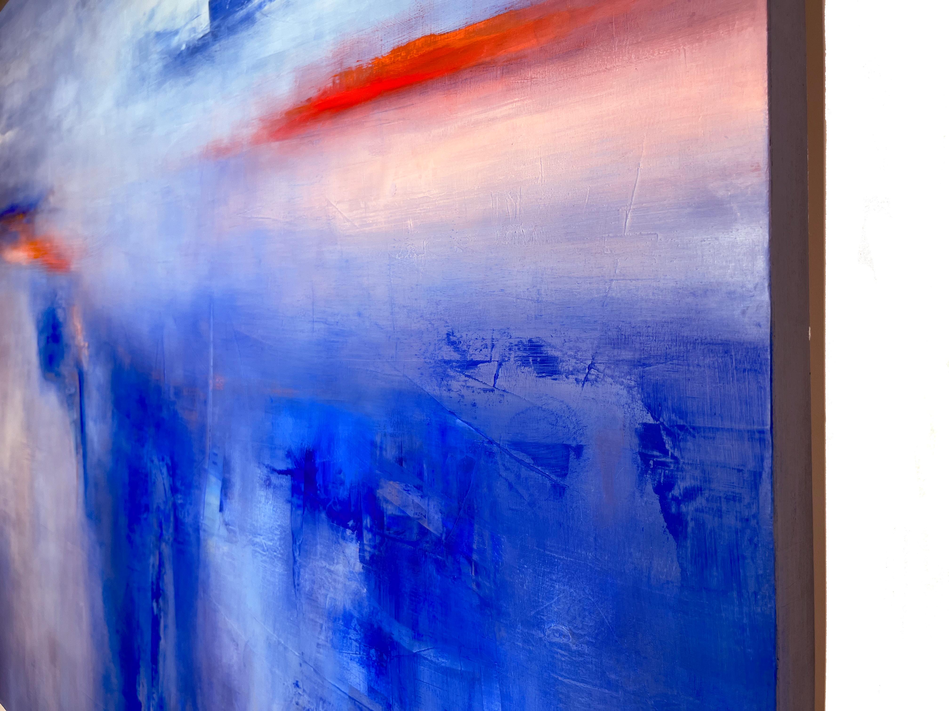 Deep Breath, bold abstract landscape with blue and red, oil & cold wax on panel - Painting by Tamara Soto