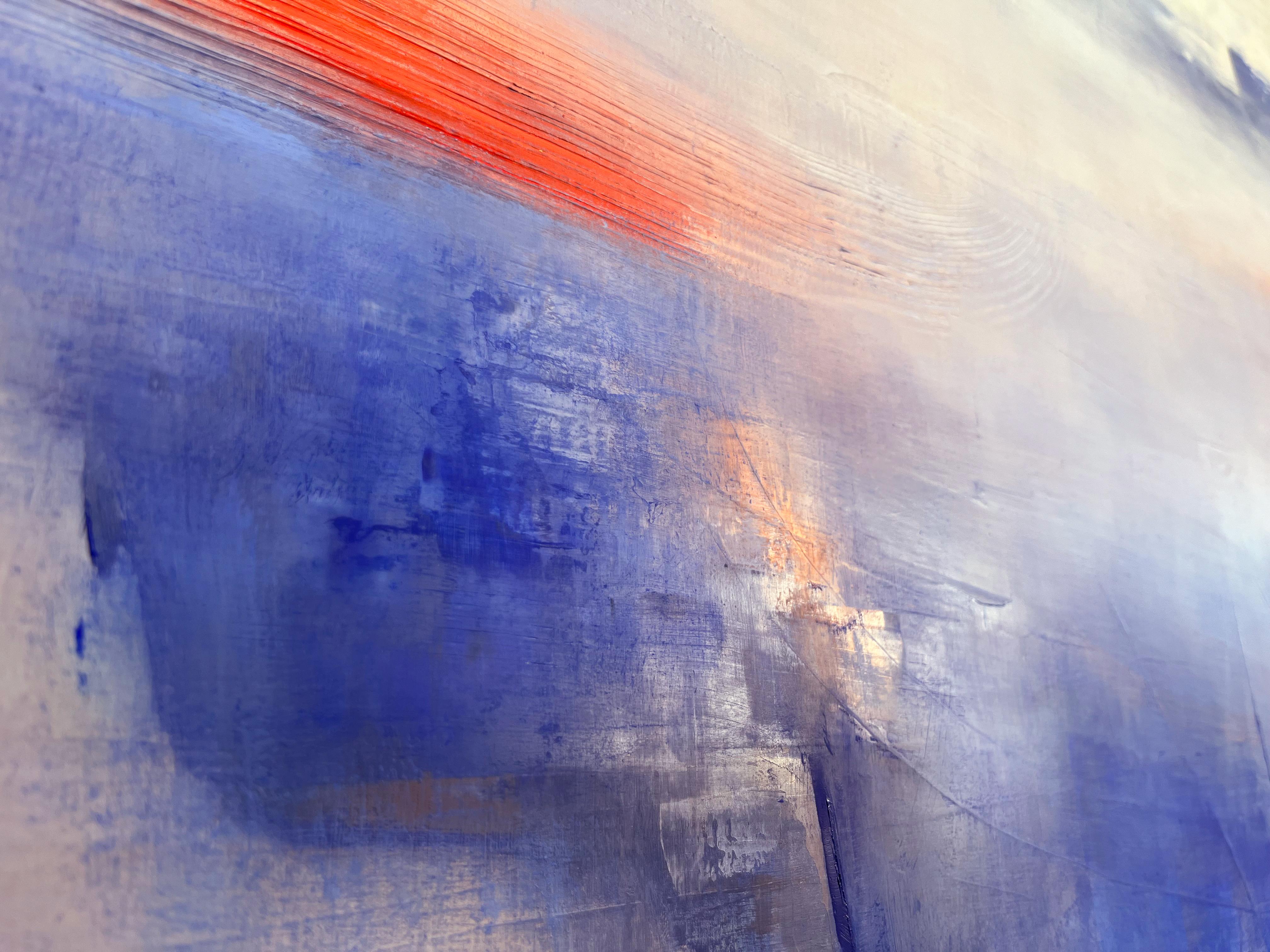 Deep Breath, bold abstract landscape with blue and red, oil & cold wax on panel For Sale 2