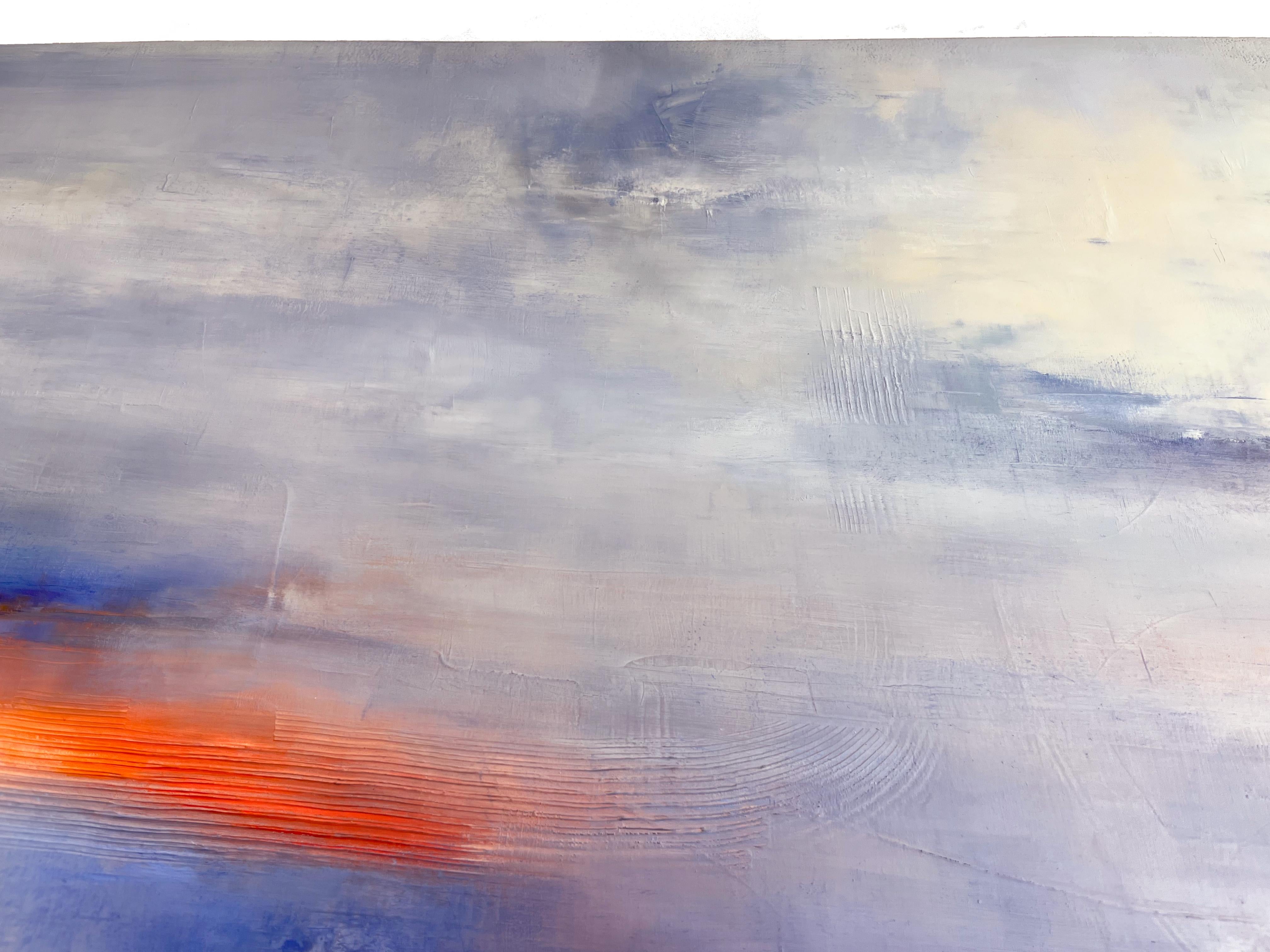 Deep Breath, bold abstract landscape with blue and red, oil & cold wax on panel For Sale 4