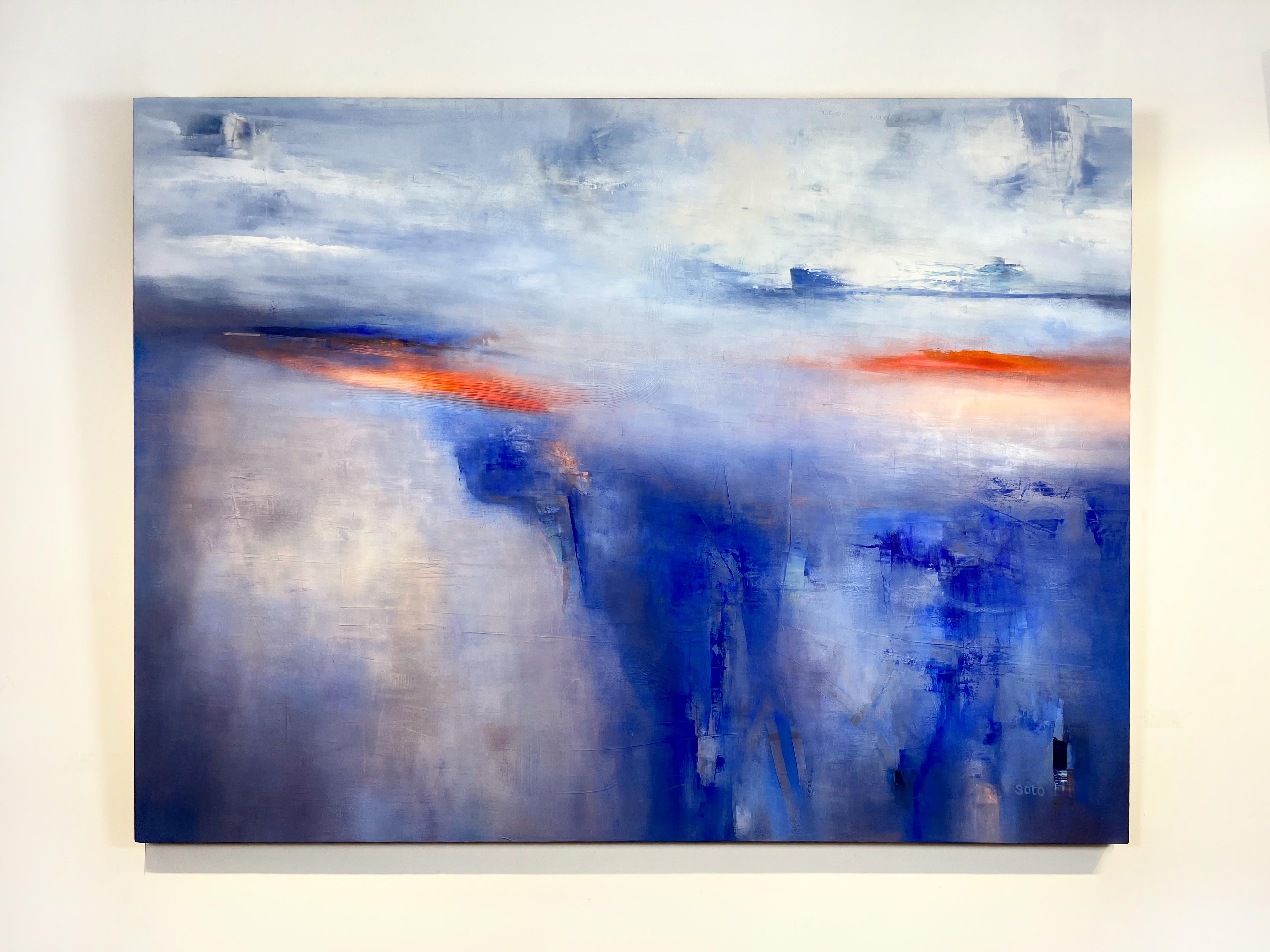 Deep Breath, bold abstract landscape with blue and red, oil & cold wax on panel