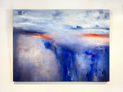 Deep Breath, kühne abstrakte Landschaft mit Blau und Rot, Öl und kaltem Wachs auf Tafel